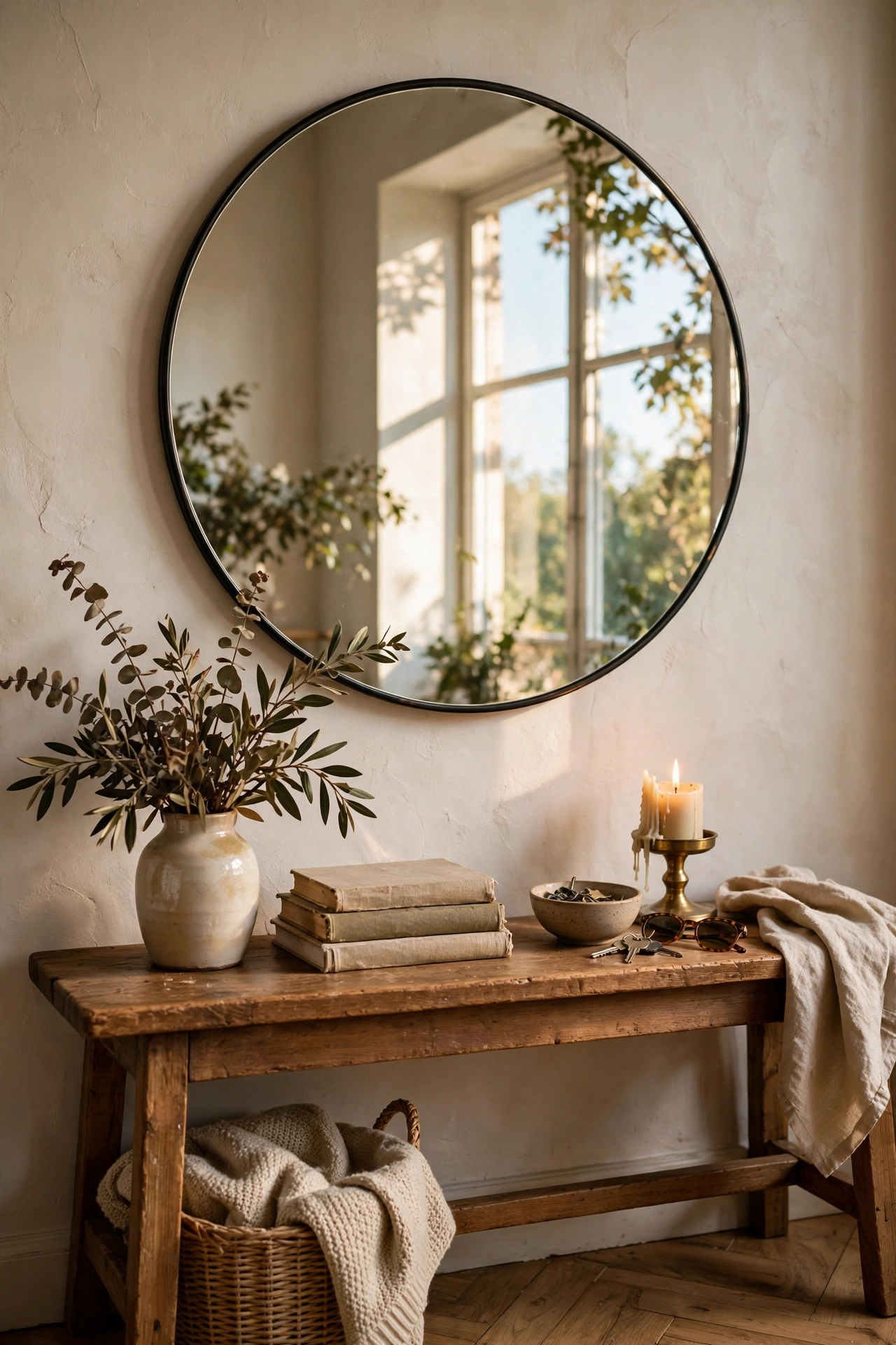 Large round mirror hung above a wooden console table