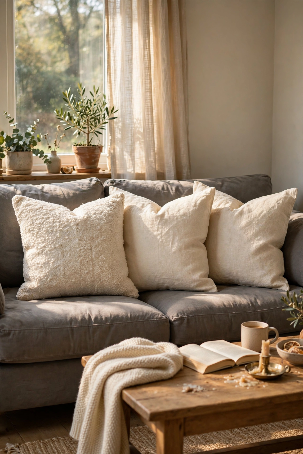 Textured throw pillows in cream tones on a grey sofa
