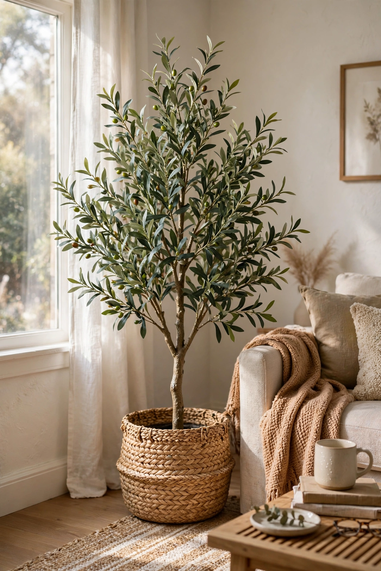 Faux olive tree in a woven basket in a living room corner