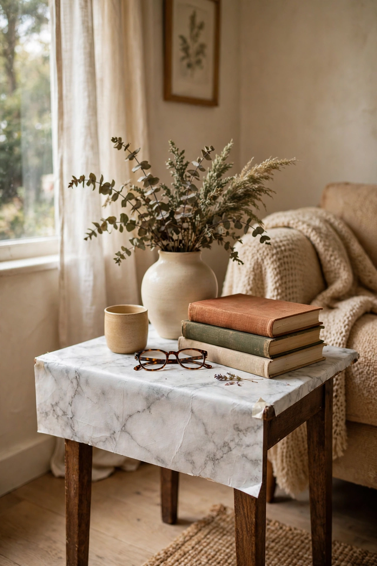 Side table top refreshed with marble effect contact paper