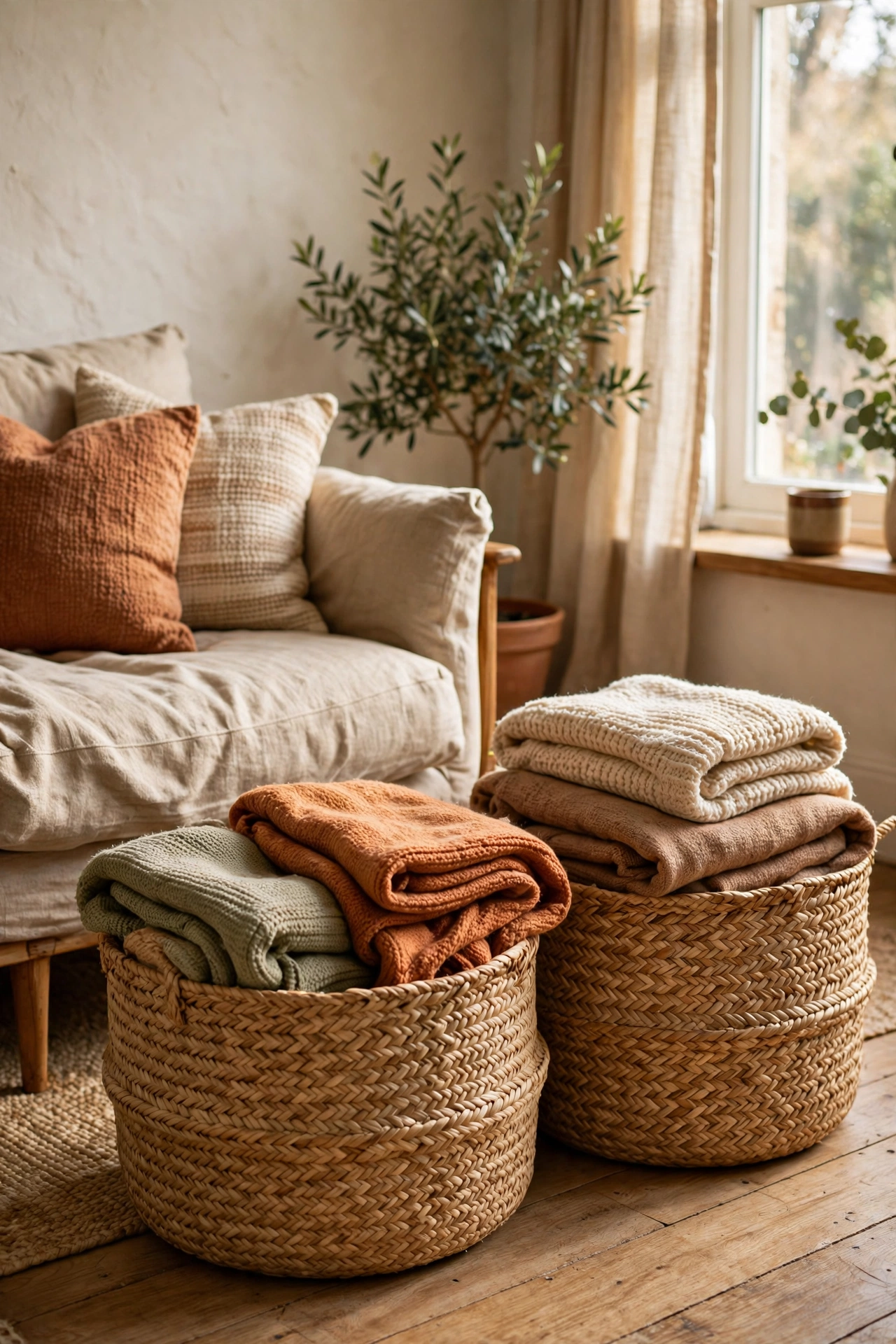 Large woven baskets storing throws beside a sofa