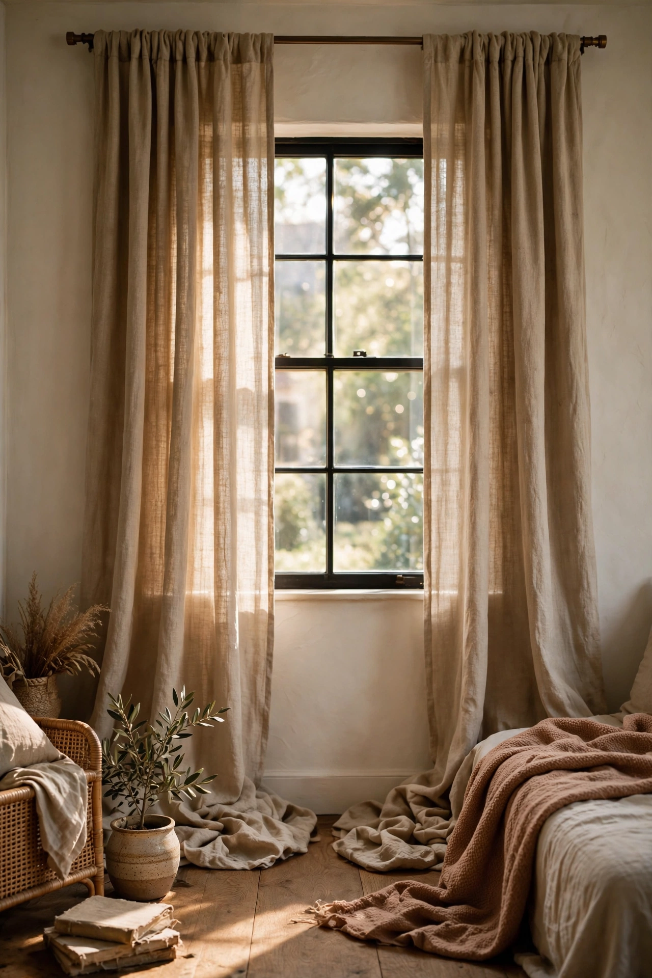 Linen curtains hung high wide and long framing a window