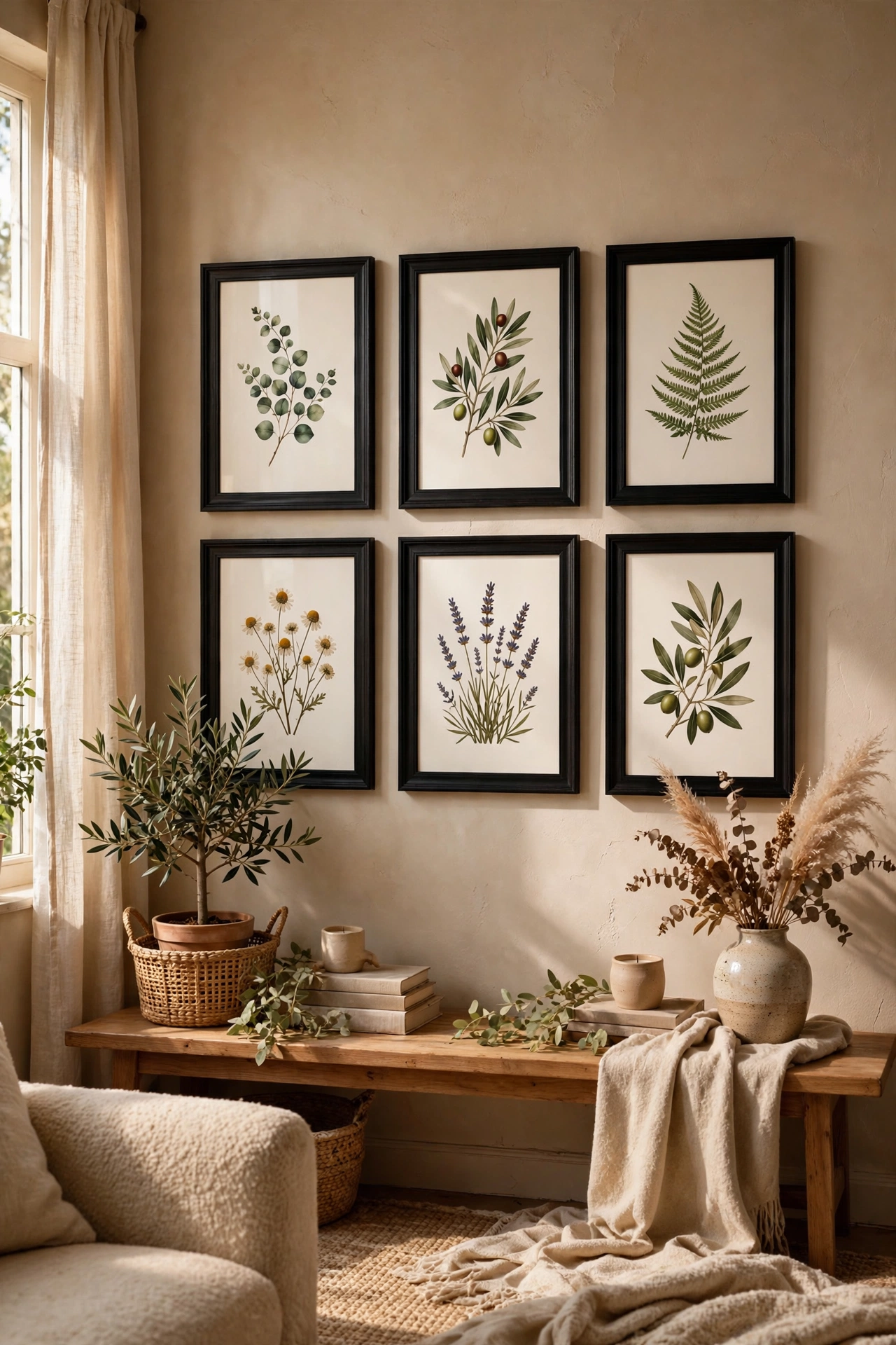Grid of six black frames with botanical prints on a wall