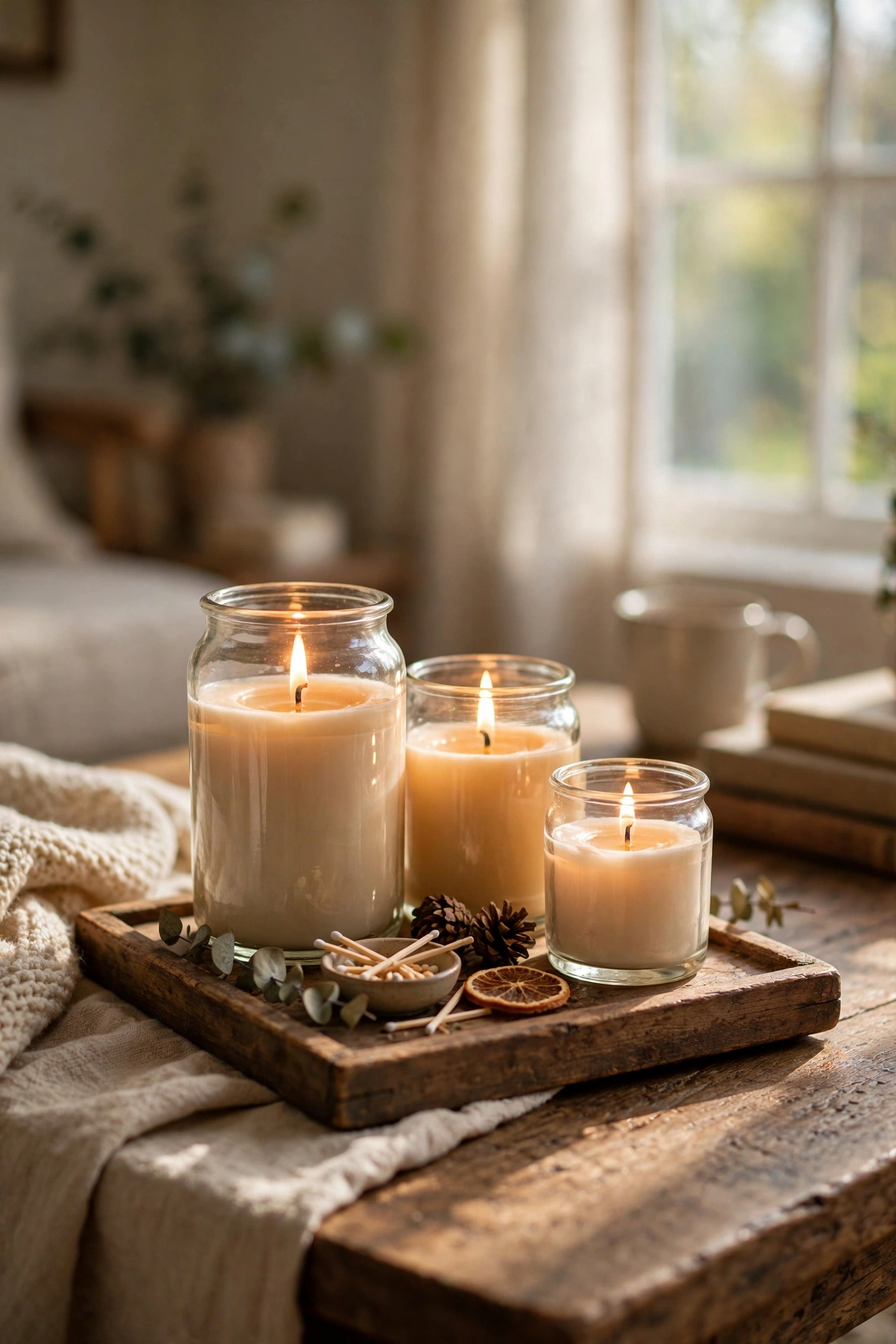Three candles of different heights on a tray