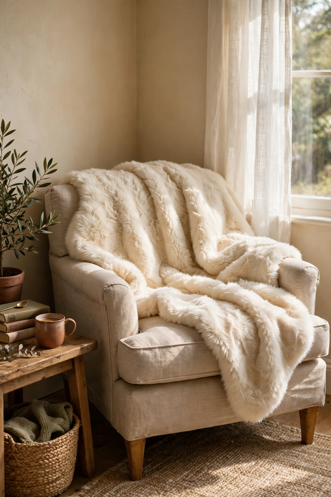 Cream faux fur throw draped over an armchair