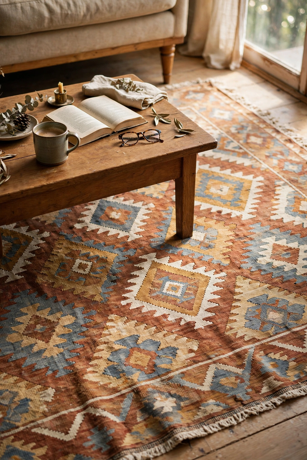 Bold patterned flatweave rug under a coffee table