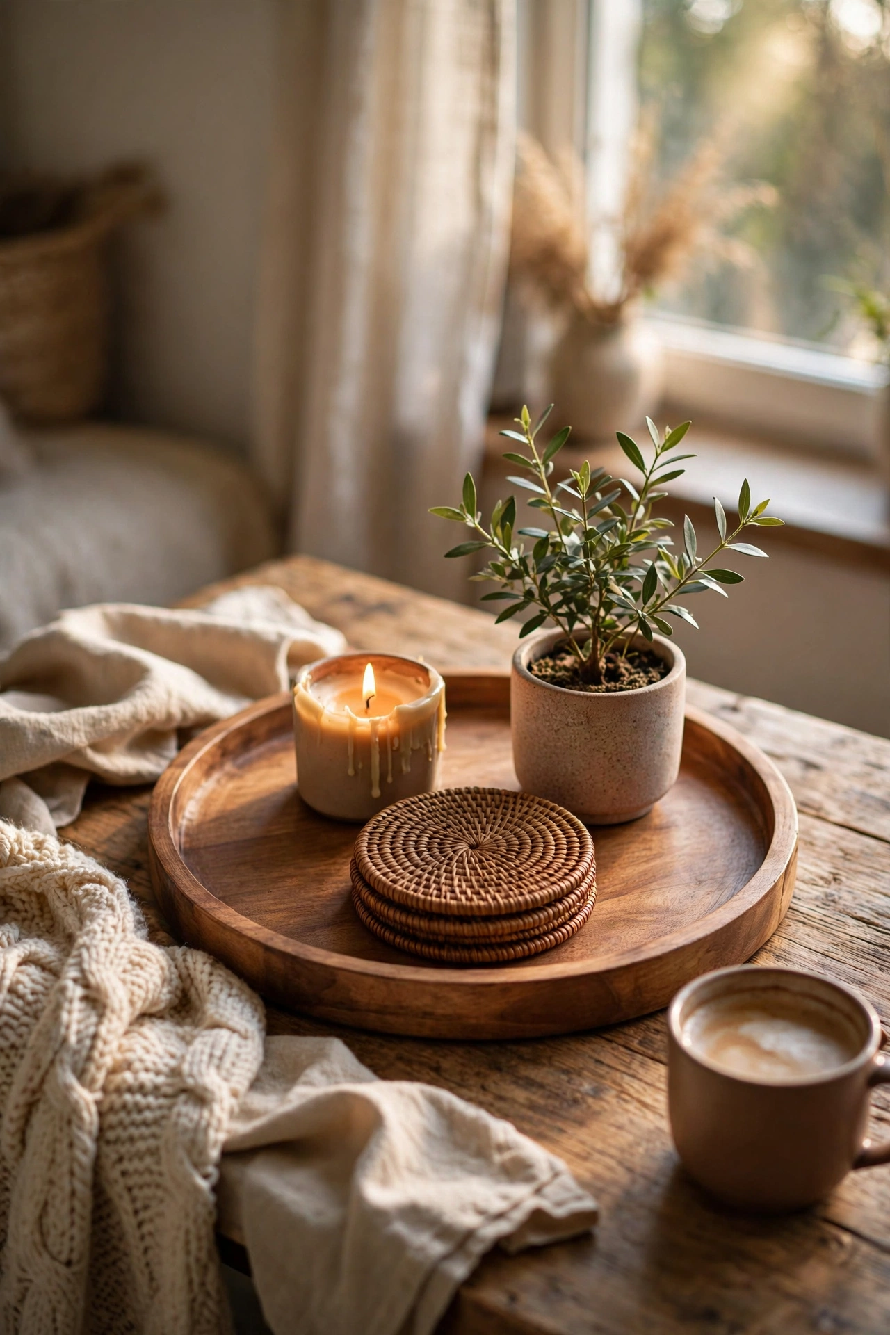Wooden tray styling a coffee table with candle and plant