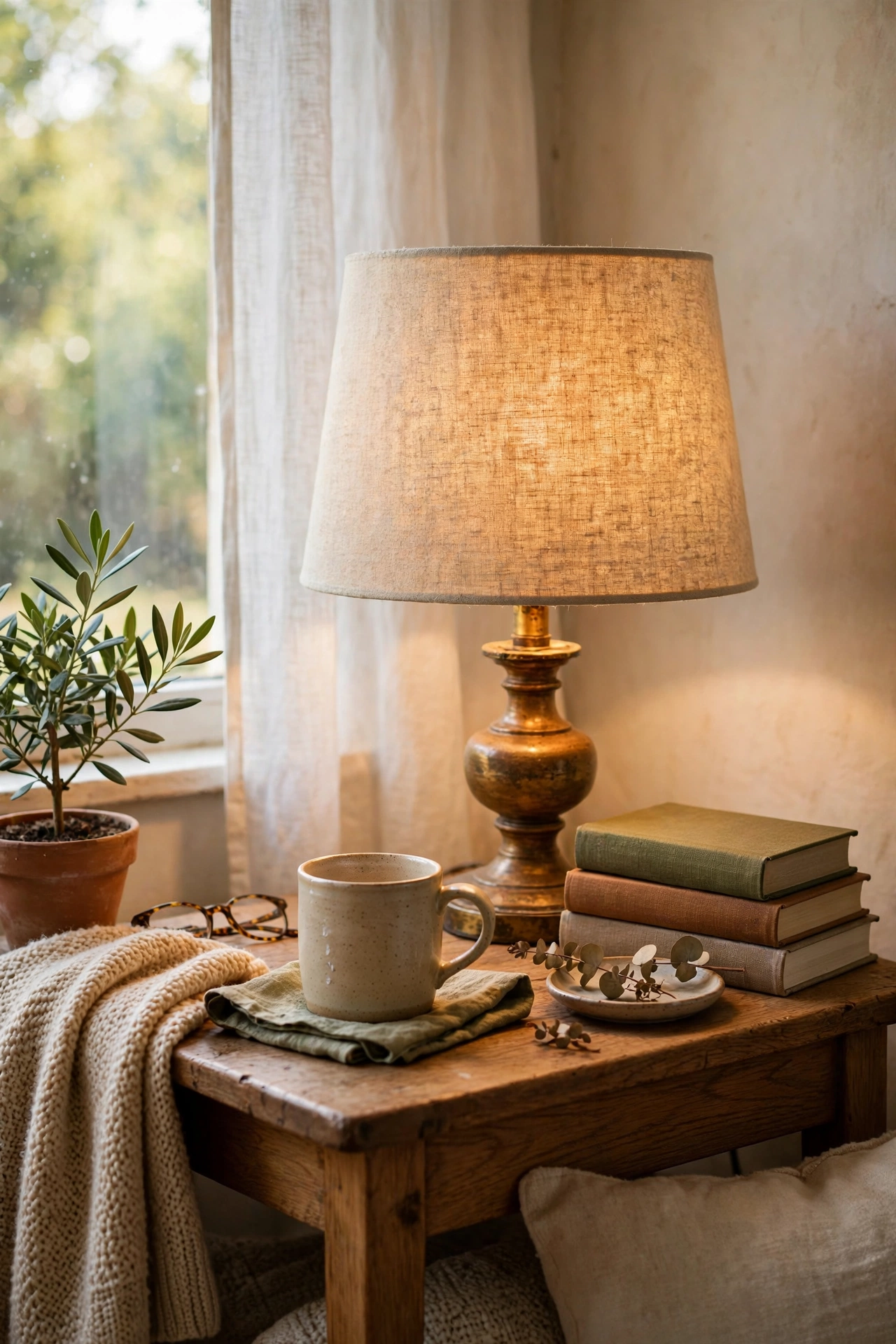 Table lamp with new natural linen drum shade glowing