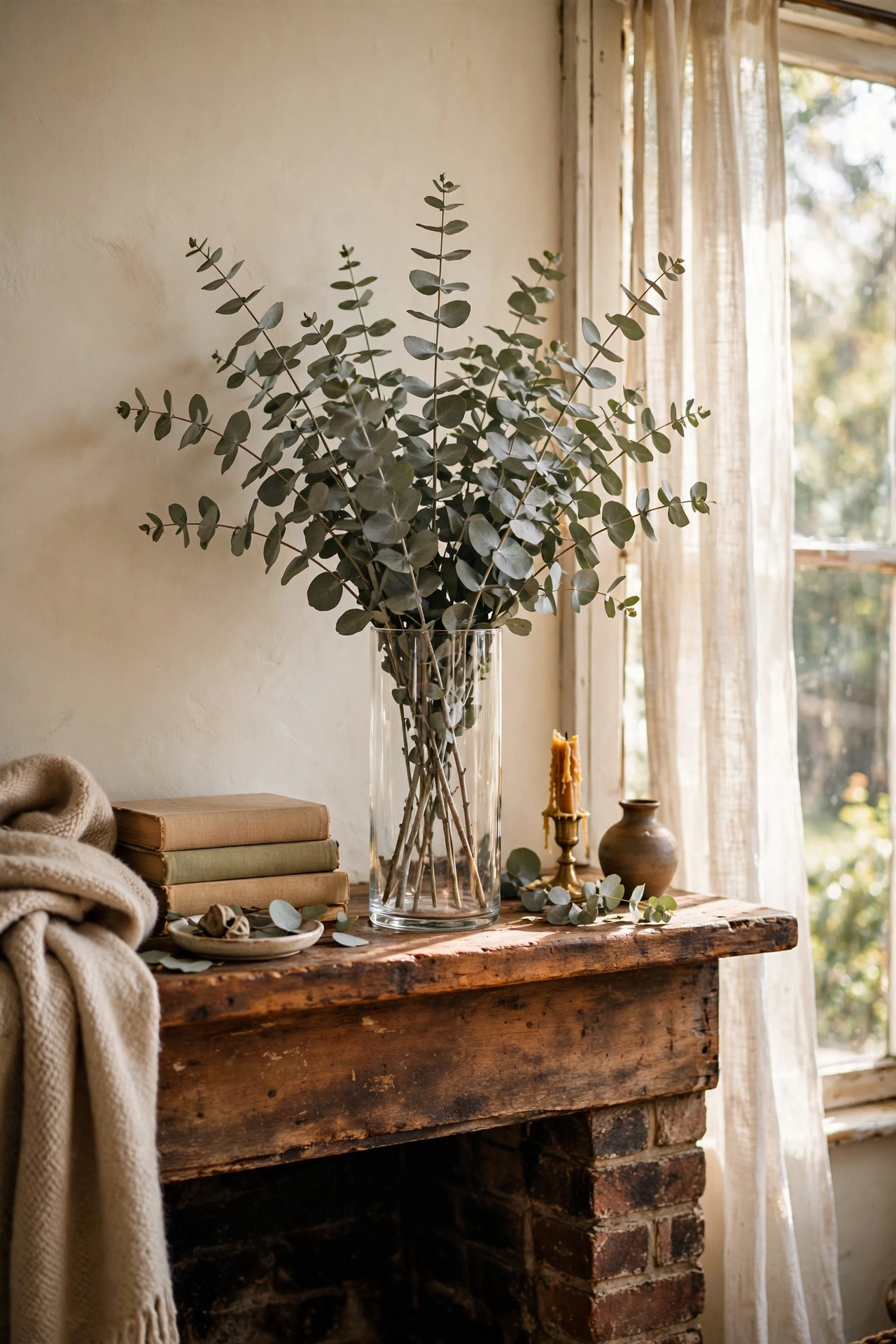 Eucalyptus stems in a tall glass vase on a mantel