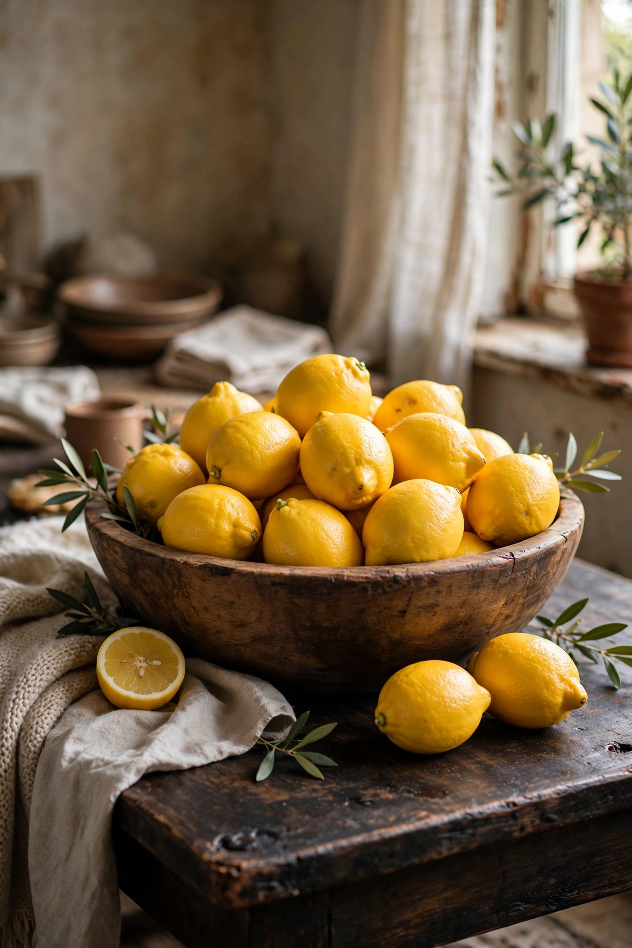 Wooden bowl of lemons as a coffee table centerpiece
