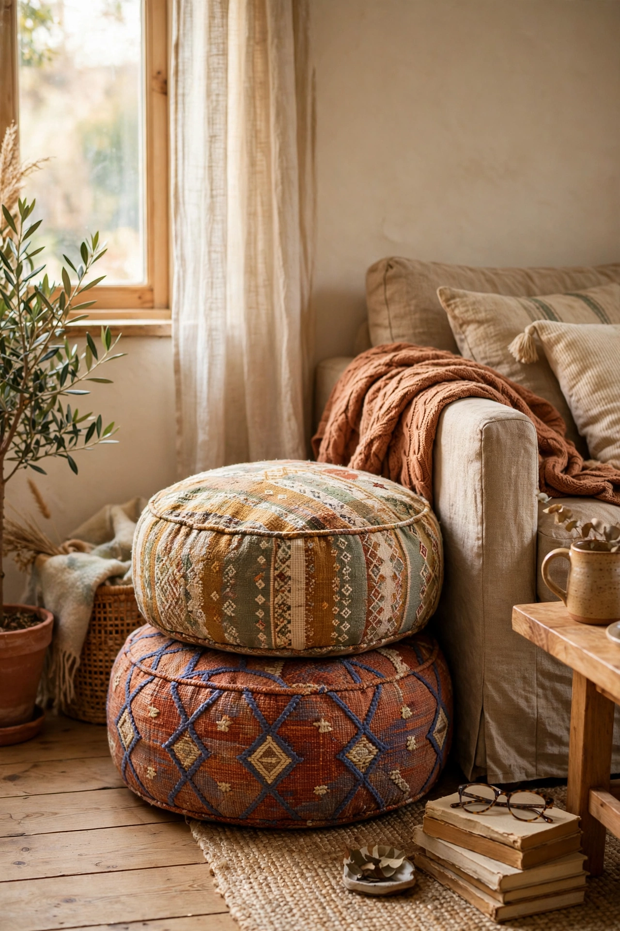 Patterned floor cushion poufs stacked by a sofa