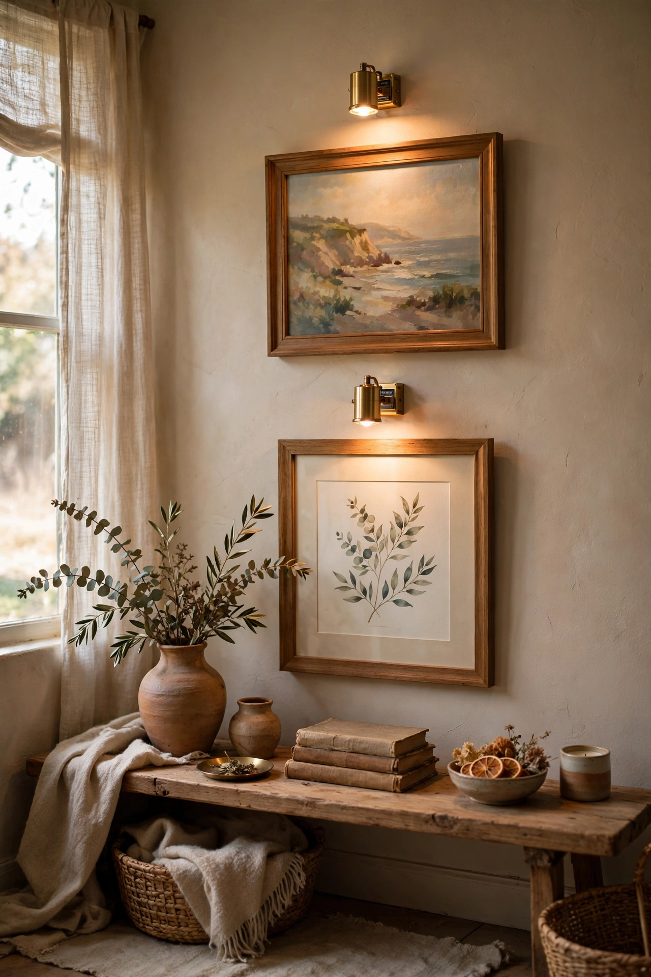 Battery picture lights glowing over framed art on a wall