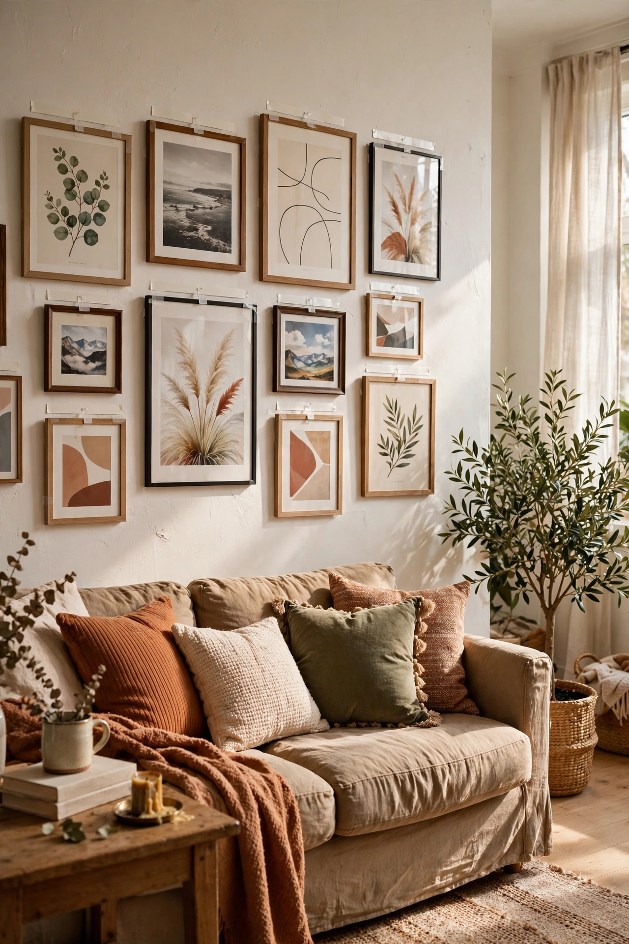 Gallery wall hung with adhesive strips above a rental sofa
