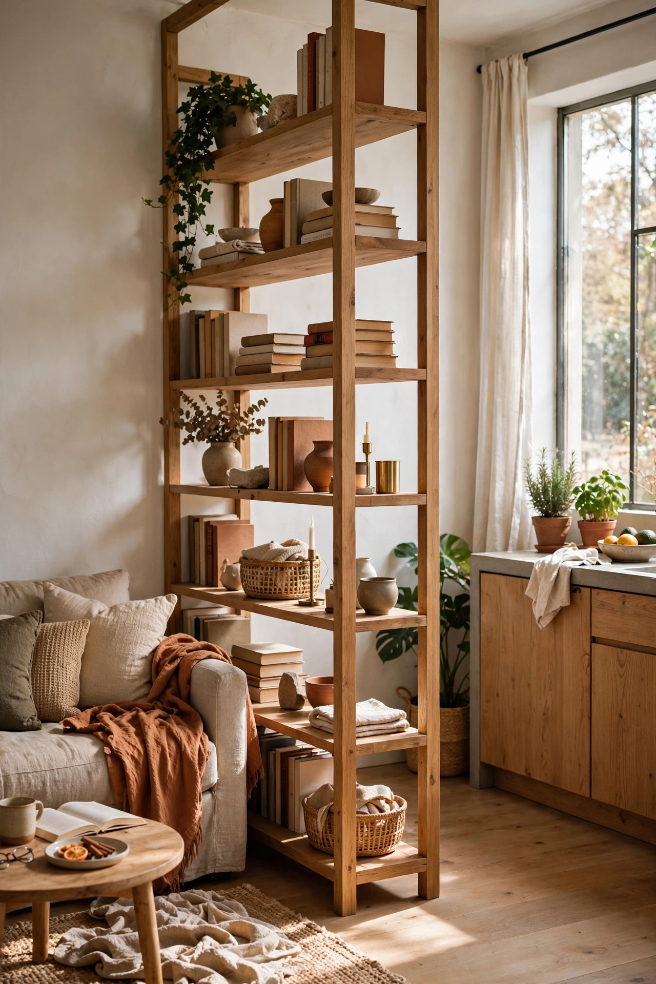 Open bookshelf used as a room divider in a studio flat