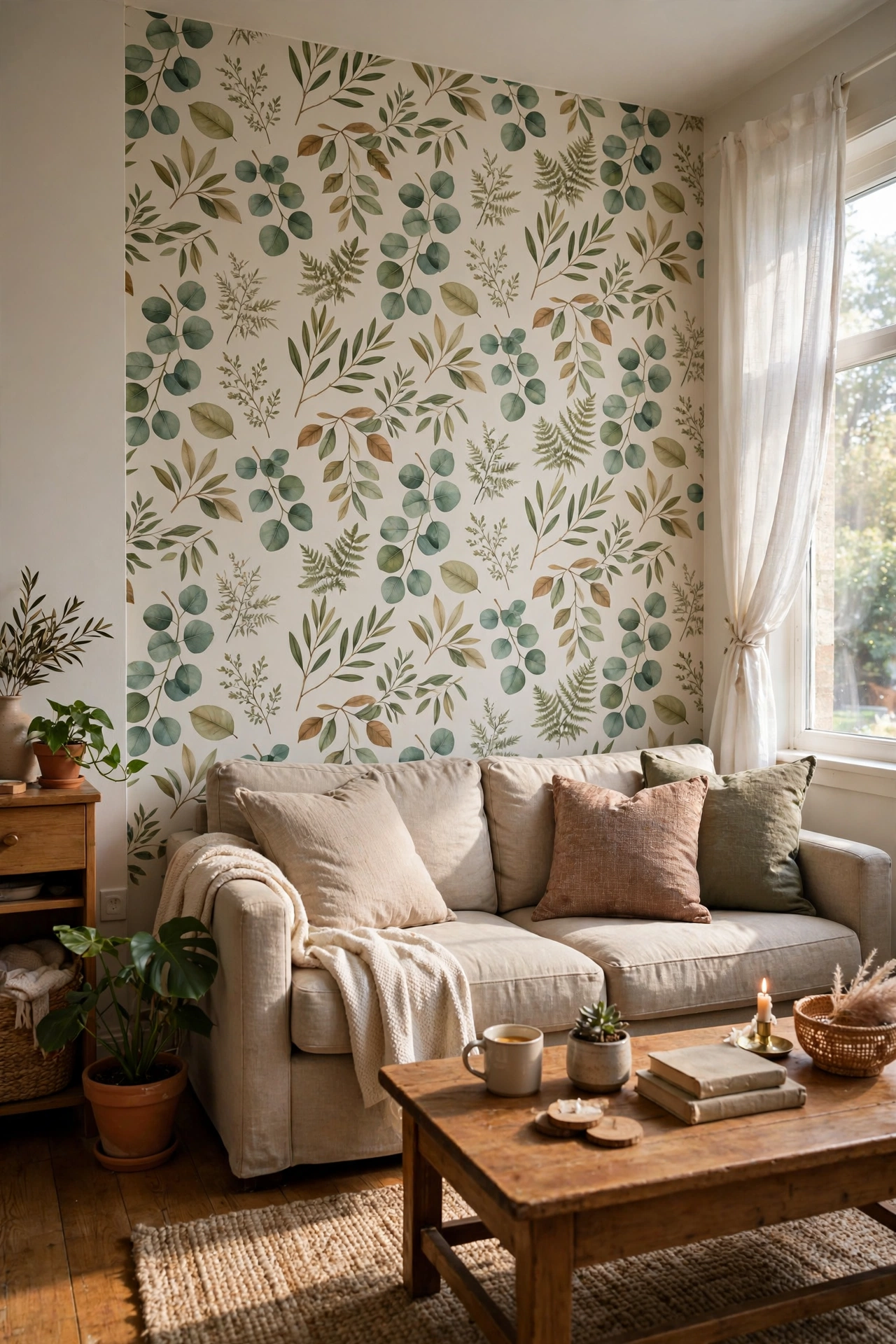 Botanical peel and stick wallpaper accent wall behind a sofa