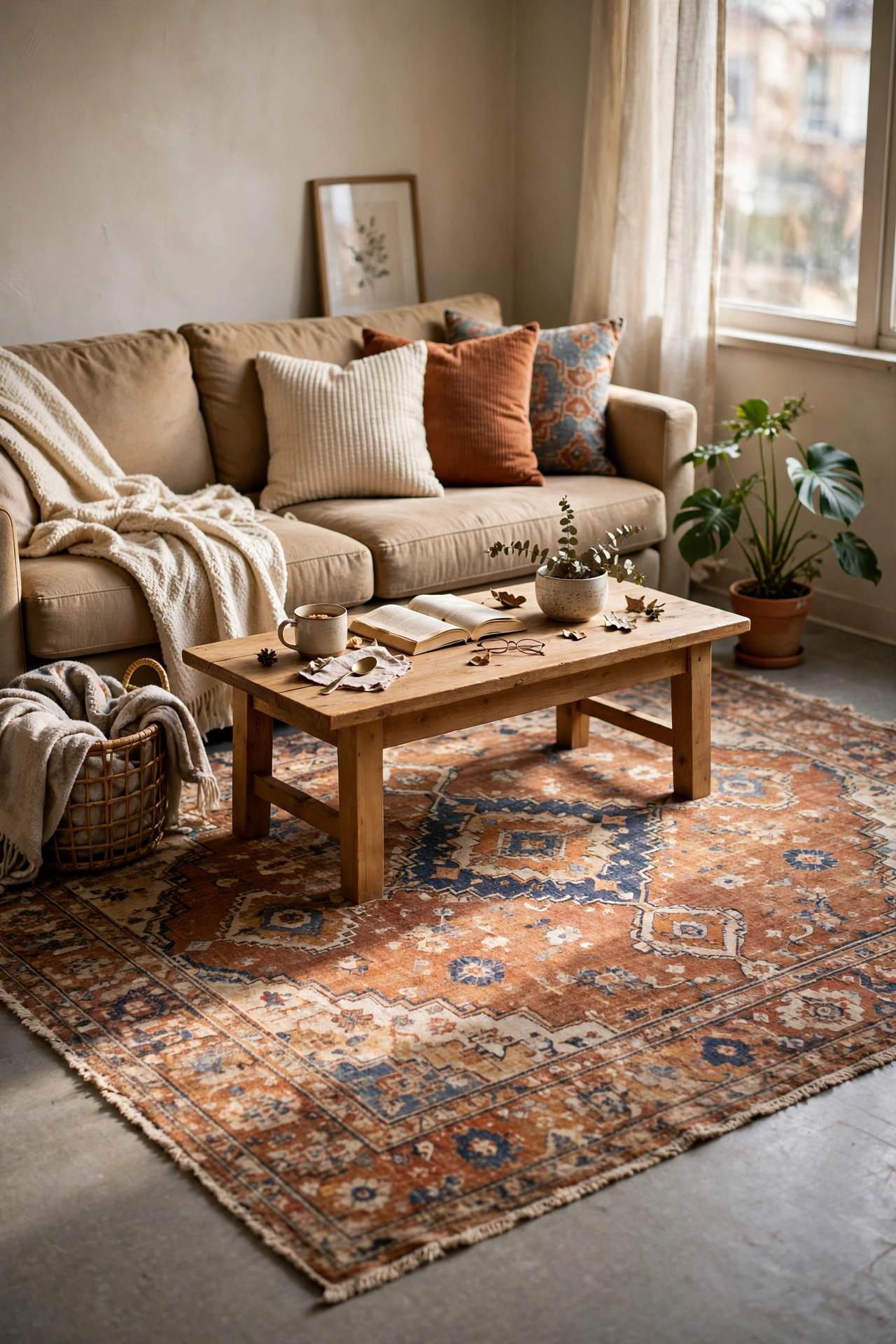 Large area rug defining a living zone over rental flooring