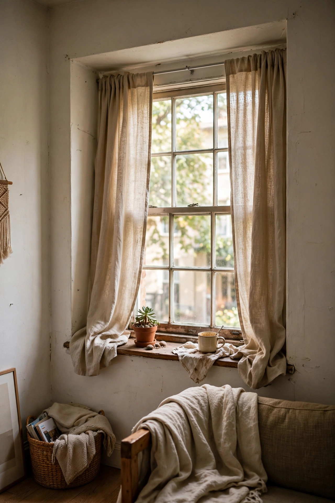 Curtains hung on a tension rod inside a window recess