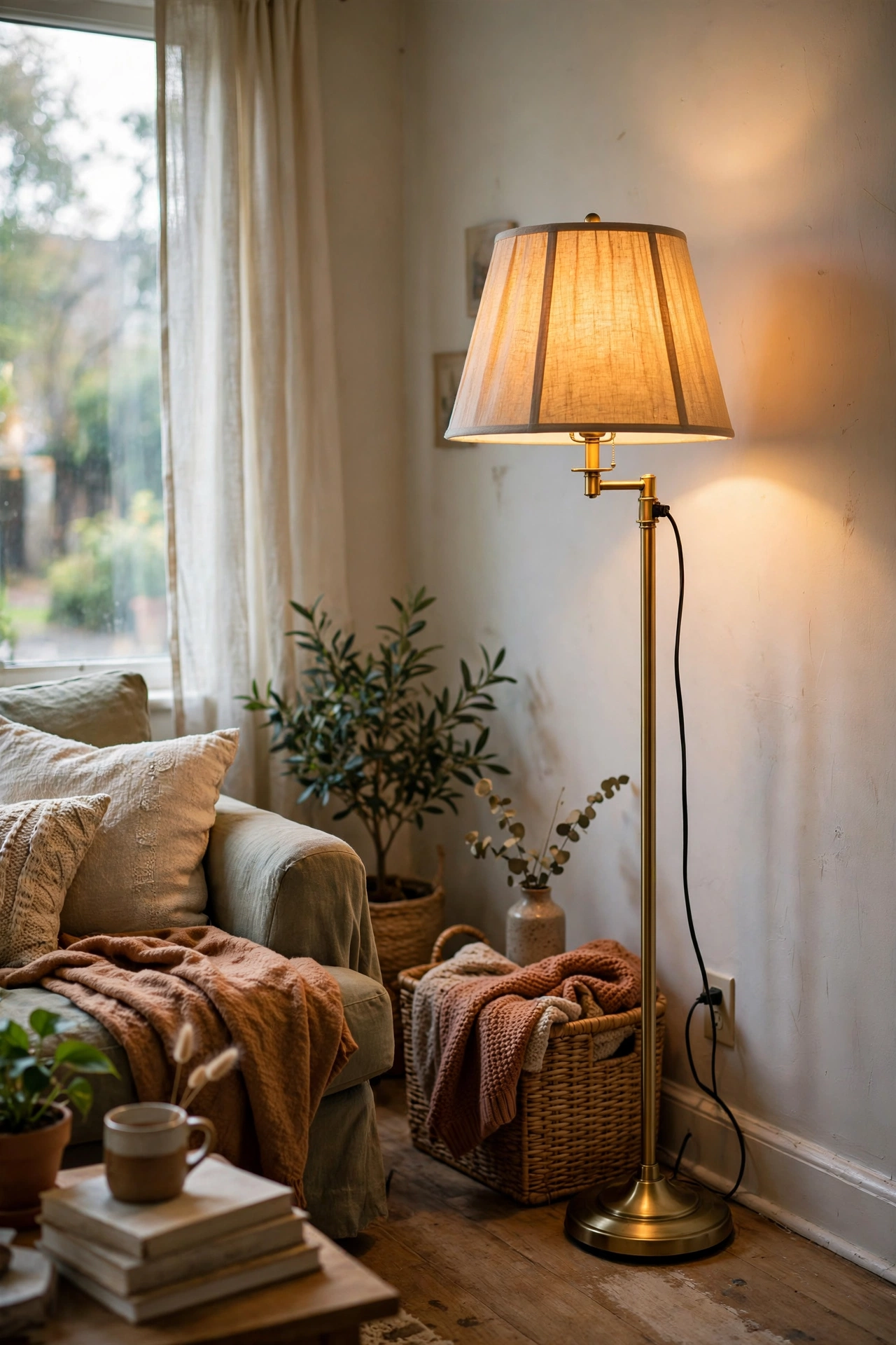Plug in floor lamp glowing in a dark rental corner