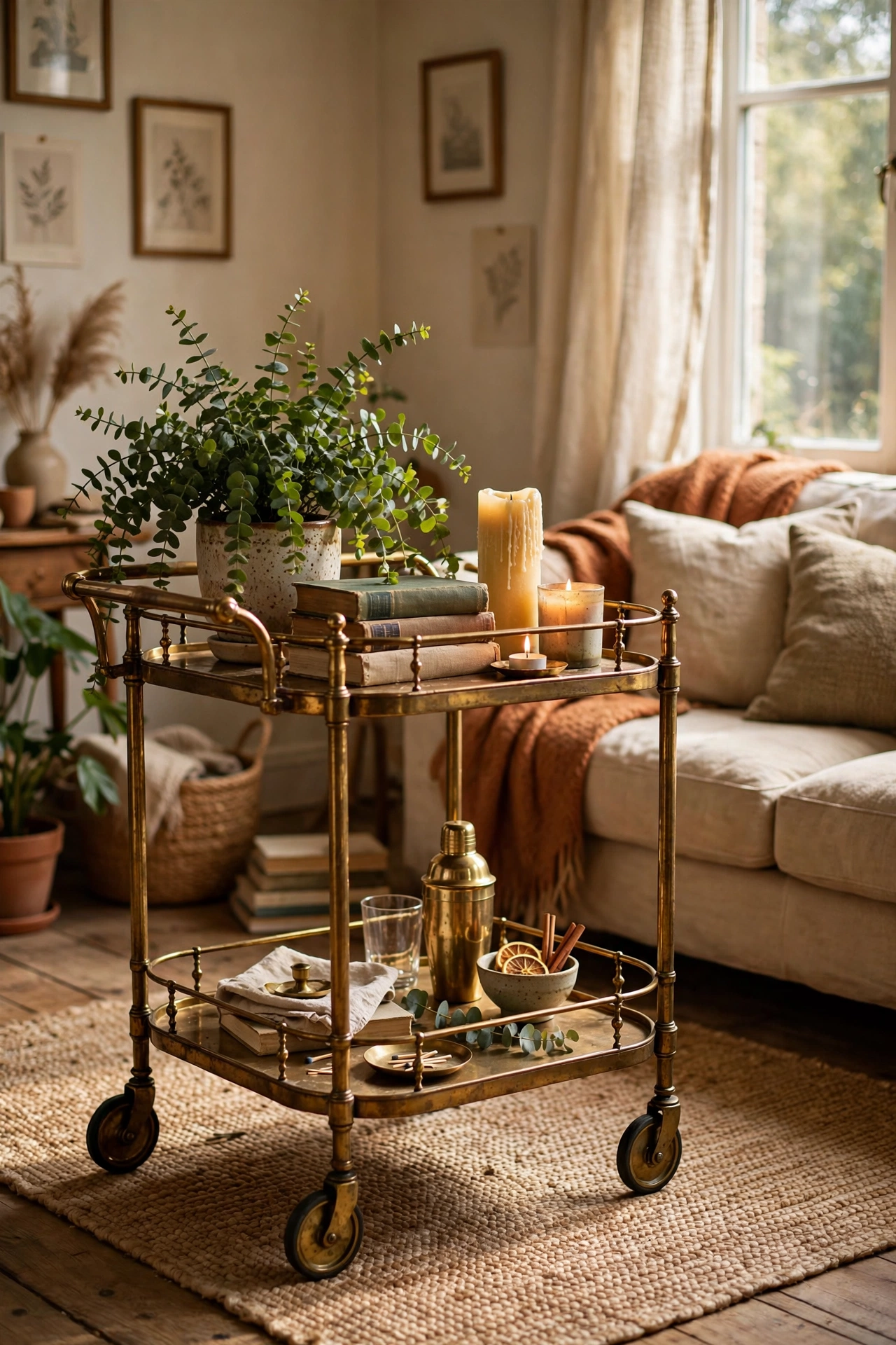 Brass bar cart styled with plant and books in a living room
