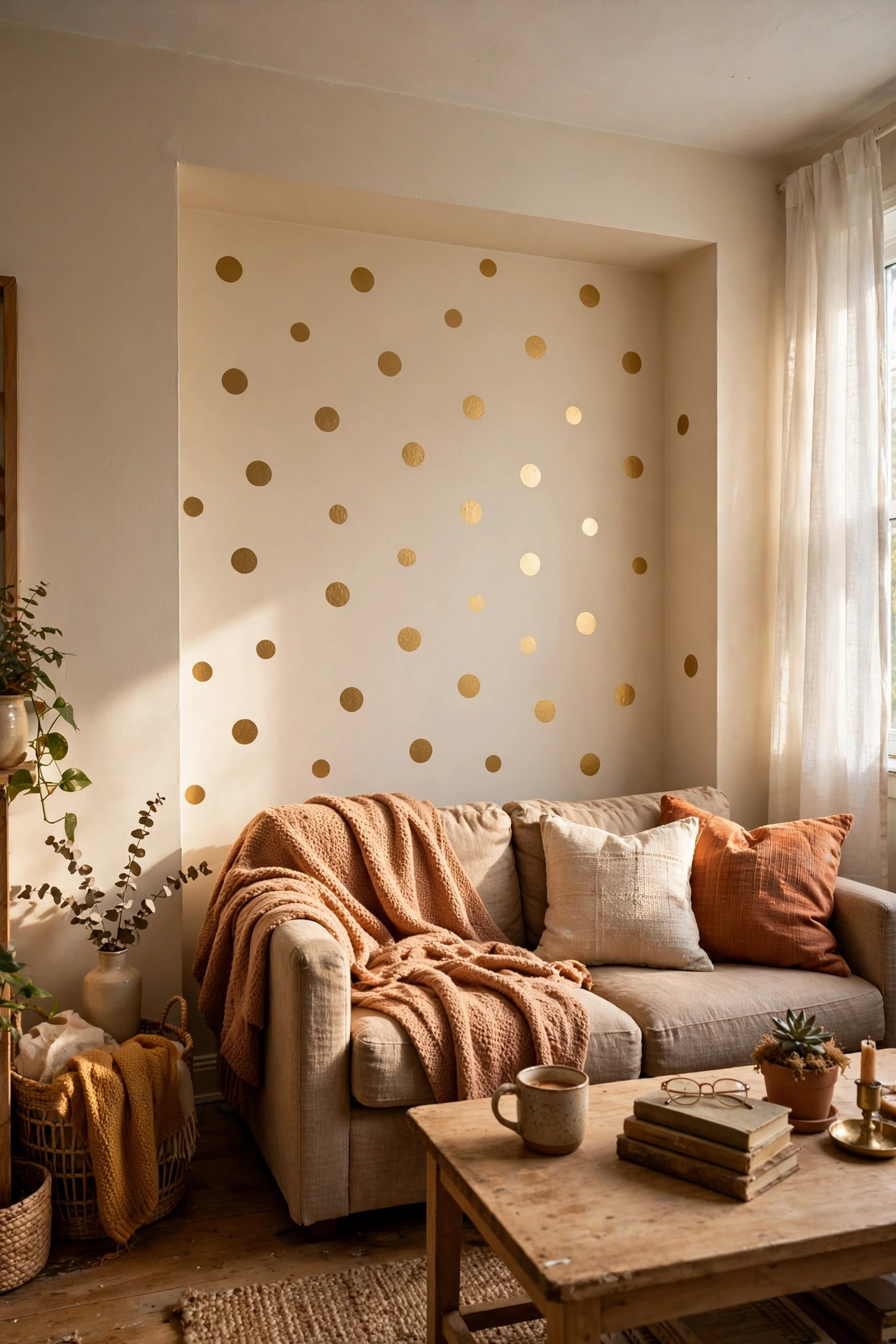 Gold dot wall decals on an alcove wall