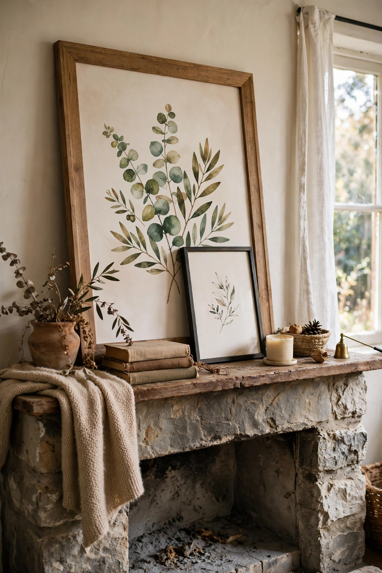 Large art print leaned casually on a fireplace mantel