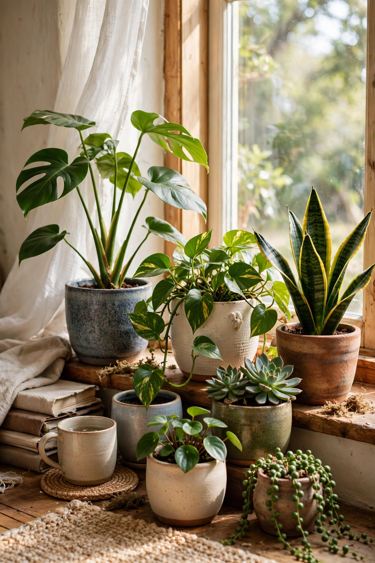 Collection of houseplants in ceramic pots by a bright window