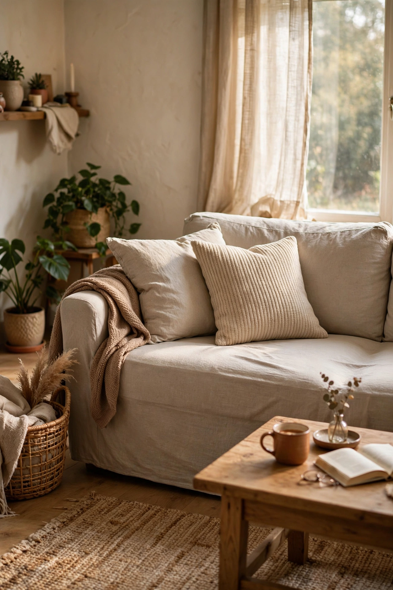Rental sofa transformed with a neutral stretch slipcover