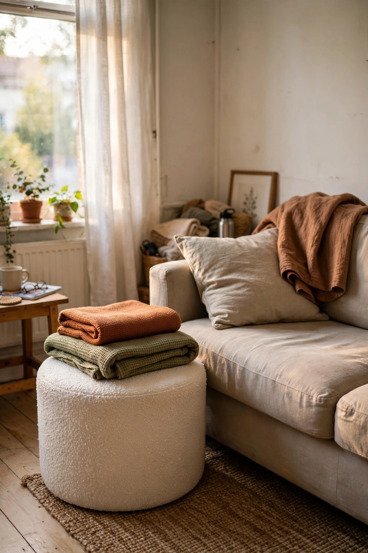 Storage ottoman holding throws in a small living room