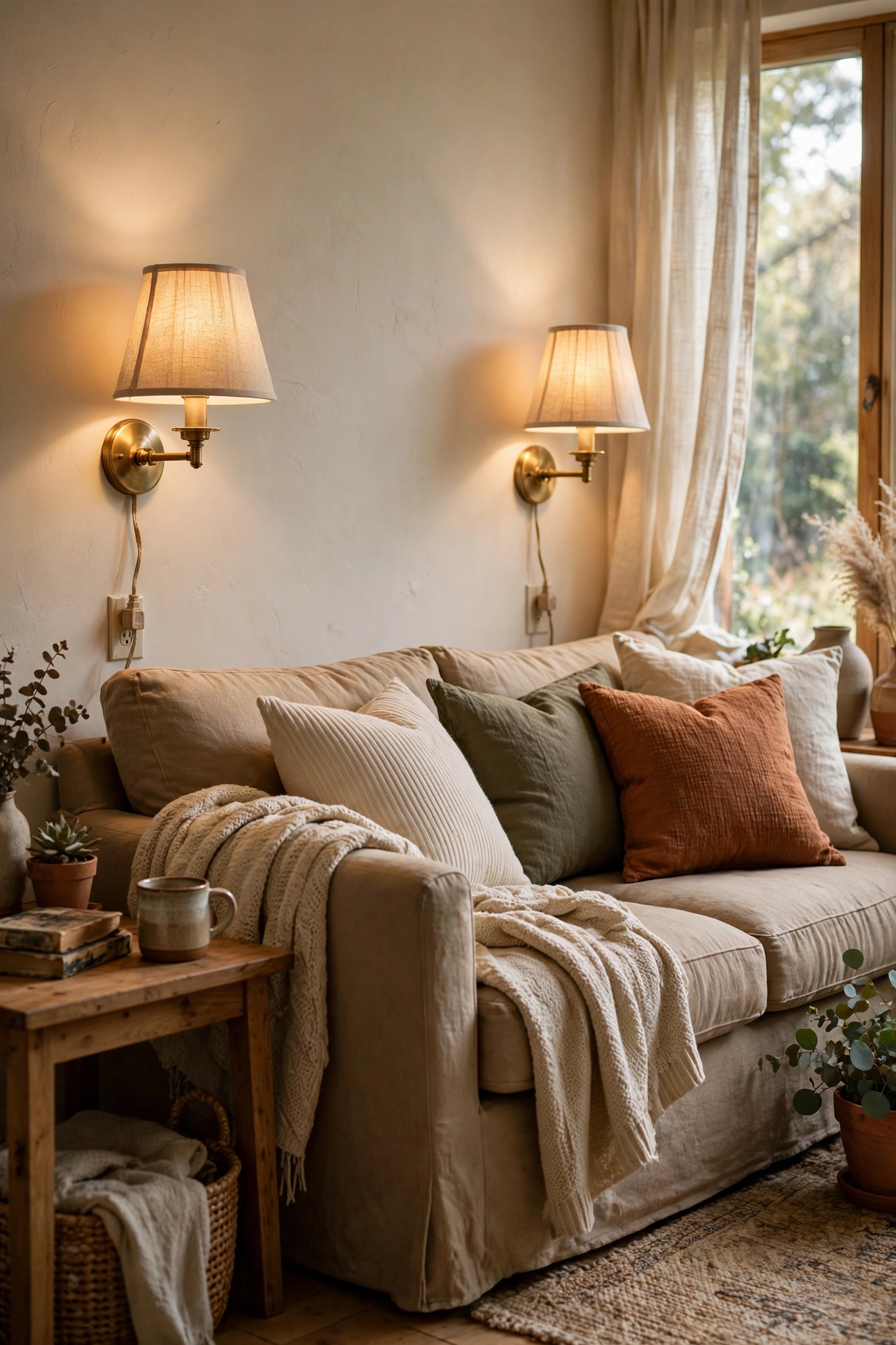 Pair of plug-in wall sconces flanking a sofa