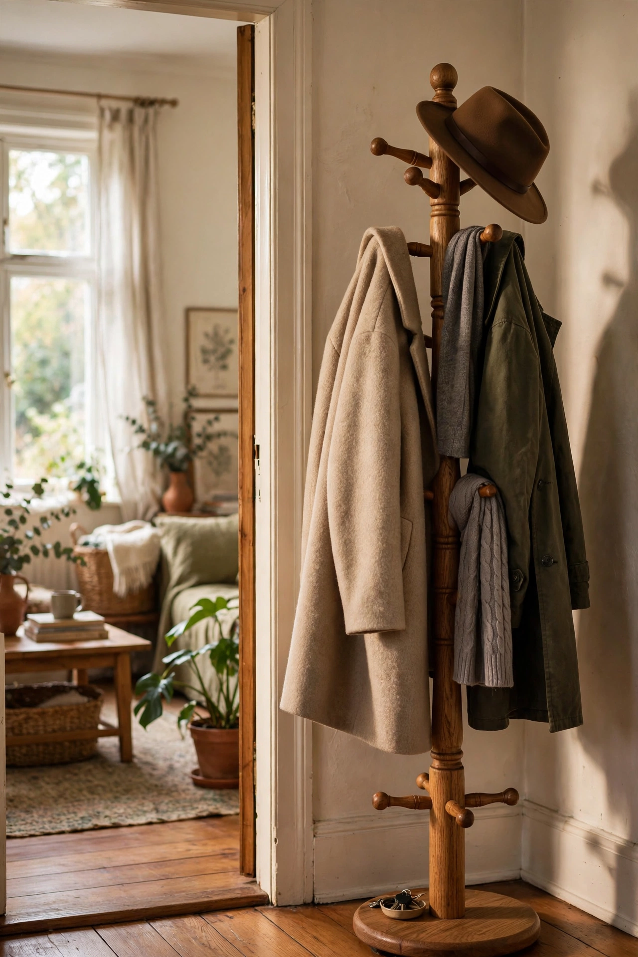 Solid wood coat rack by a living room door