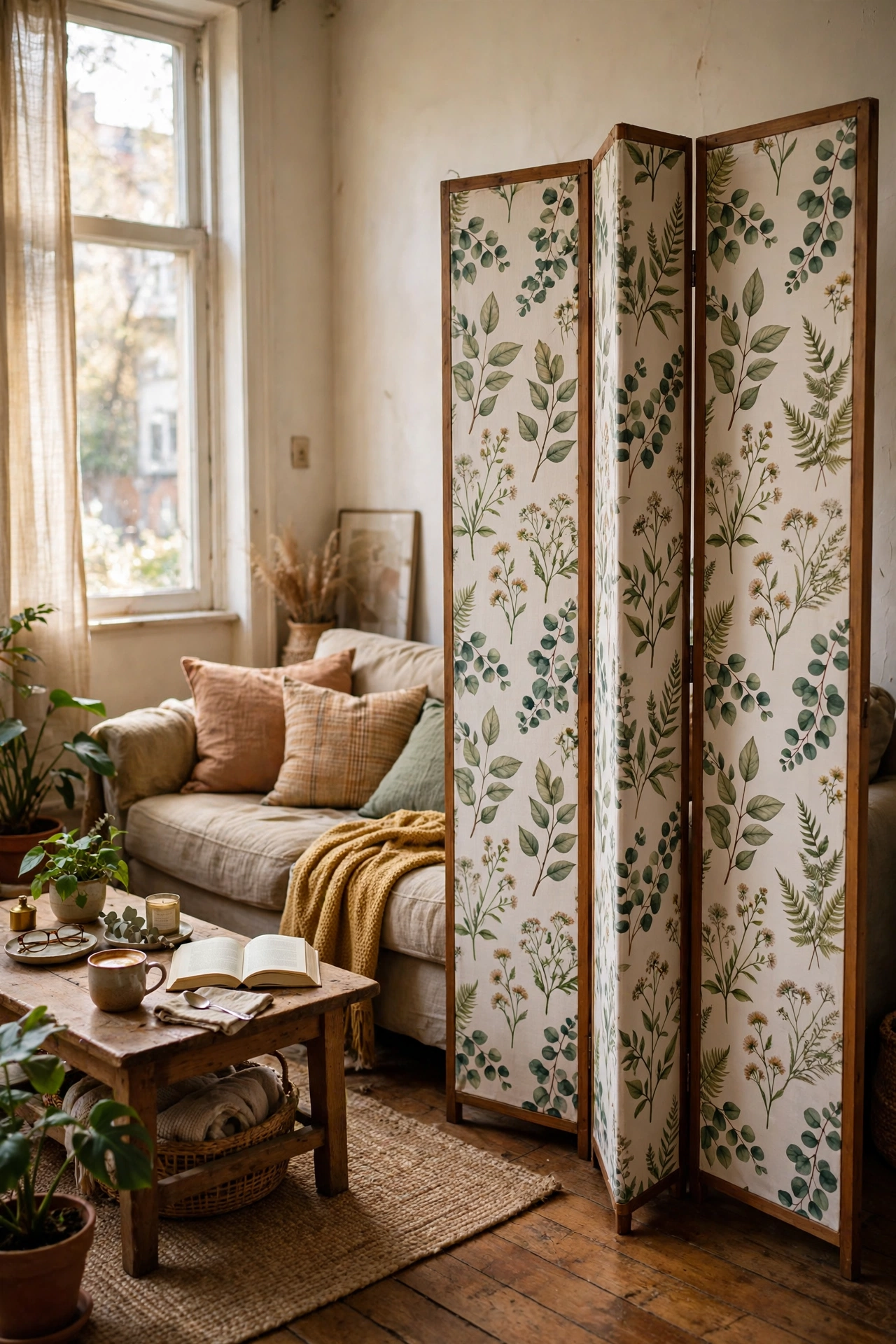 Folding screen hiding a corner in a rental living room