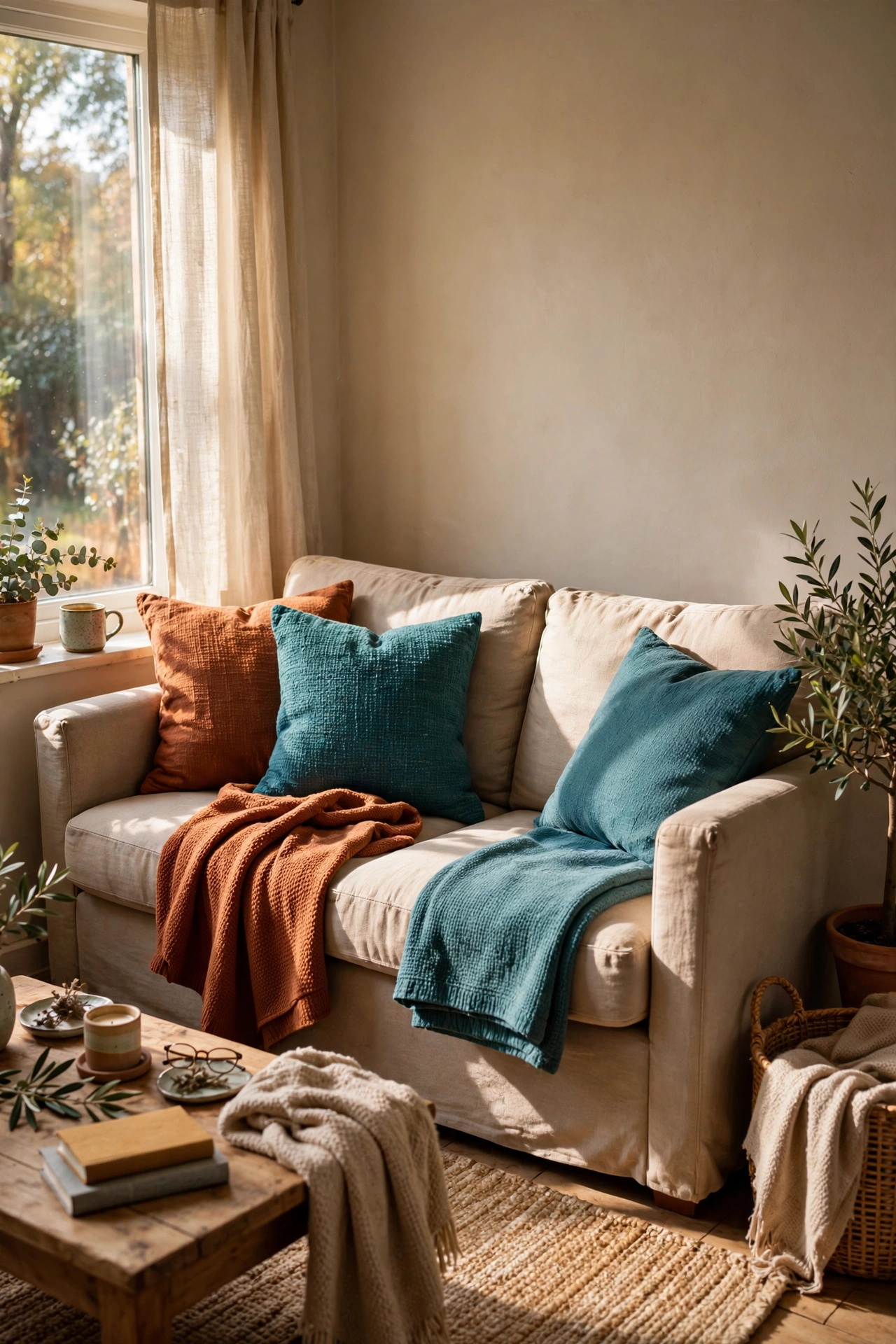 Rust and teal cushions and throws personalizing a beige rental sofa