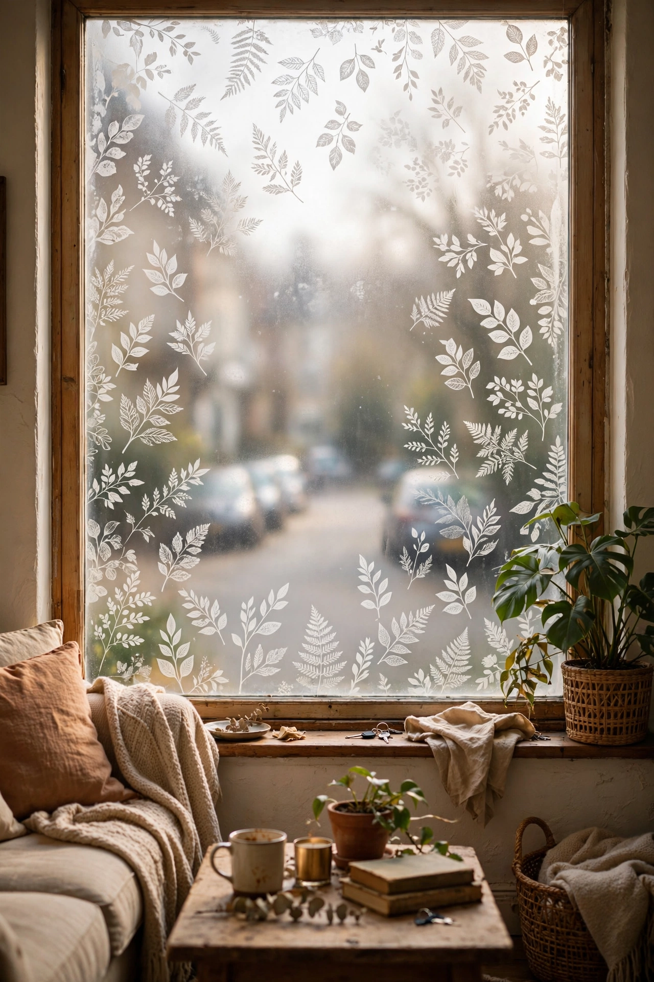 Frosted botanical window film on a street facing window