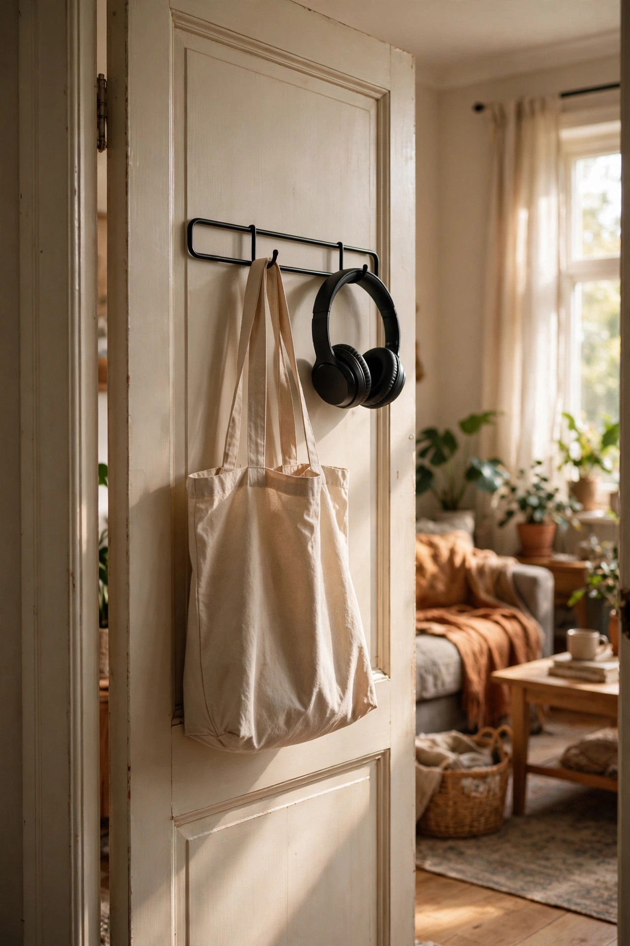 Over-door hooks holding a bag behind a living room door