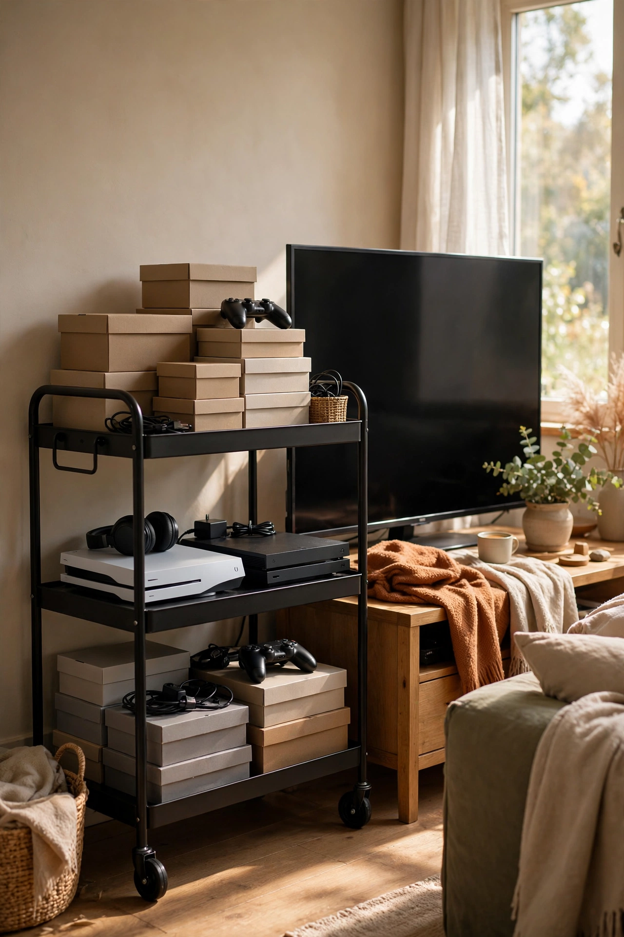 Rolling utility cart holding media devices beside a TV