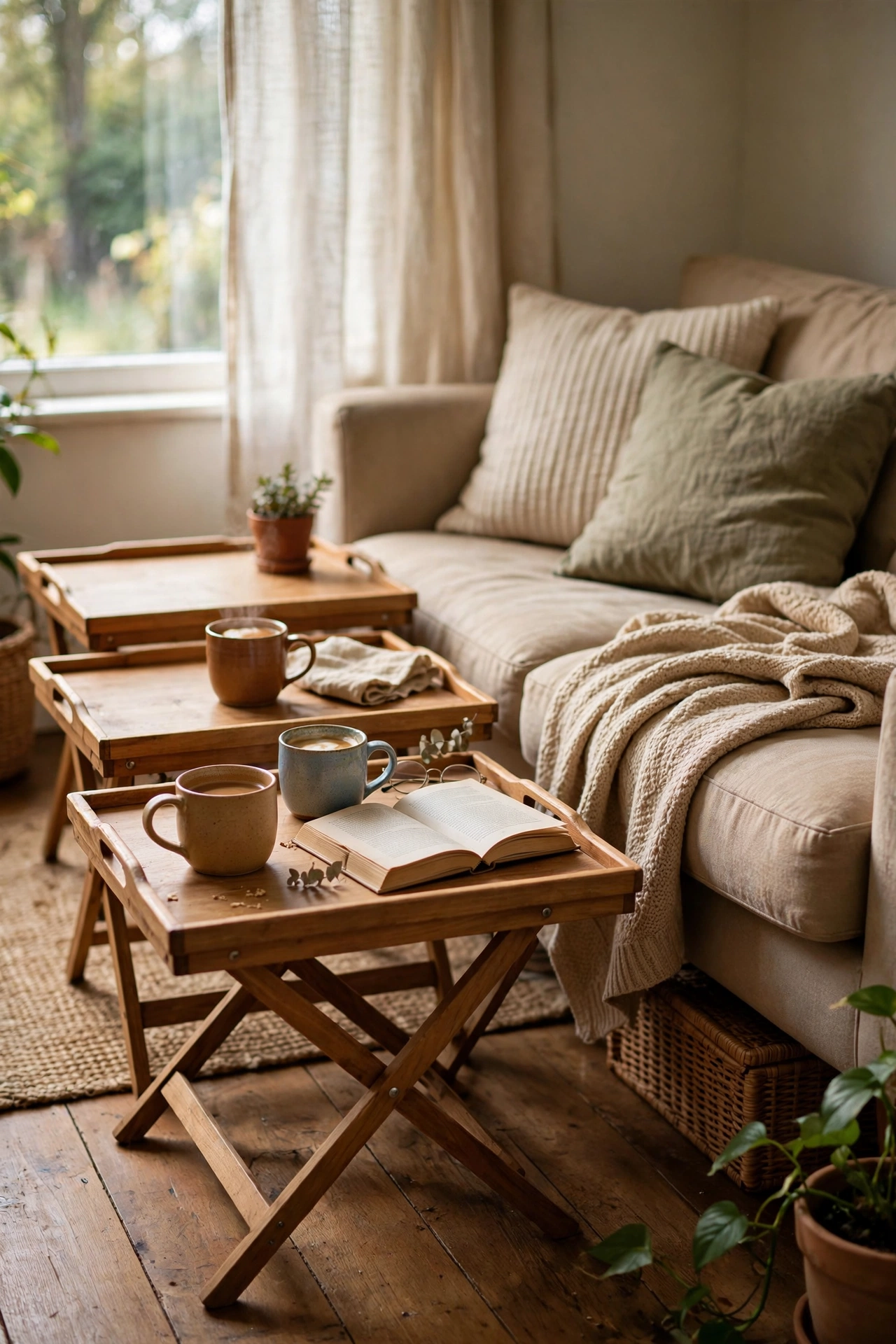 Wooden folding tray tables beside a sofa