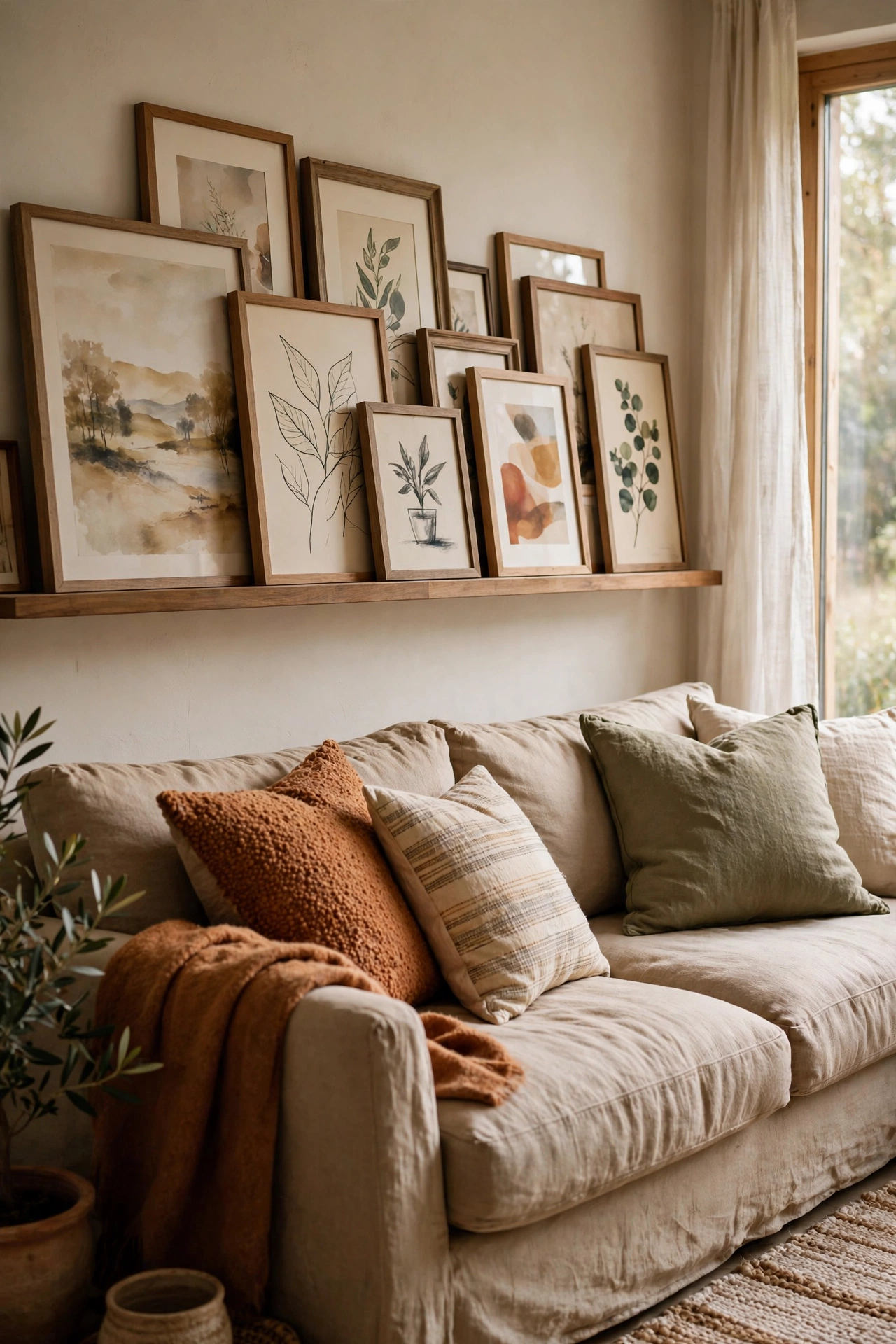 Picture ledge shelf with layered leaning frames above a sofa