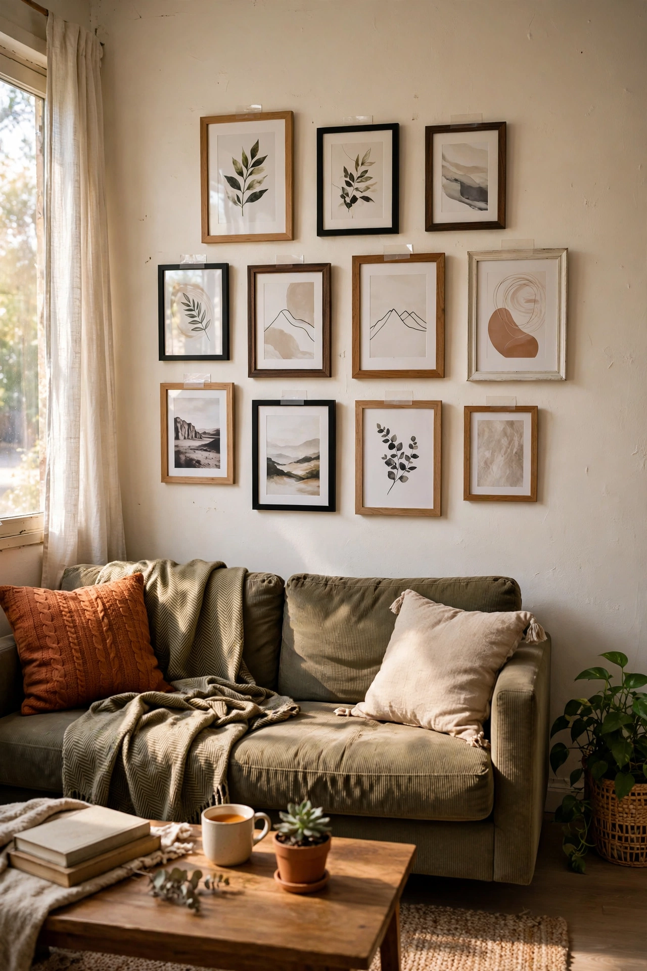 Gallery wall hung with adhesive strips in a rental living room