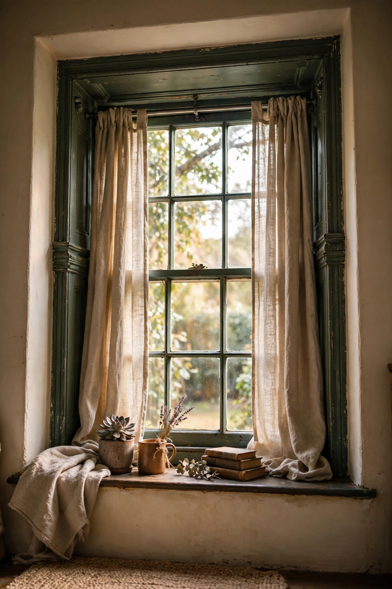 Tension rod holding curtains inside a sash window recess