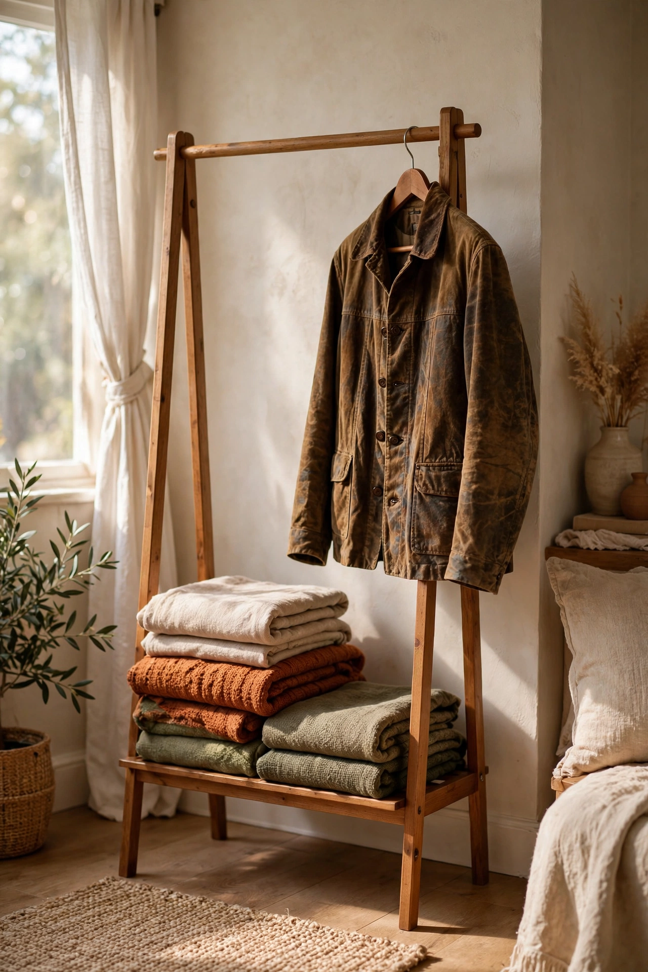 Freestanding garment rack displaying throws like art
