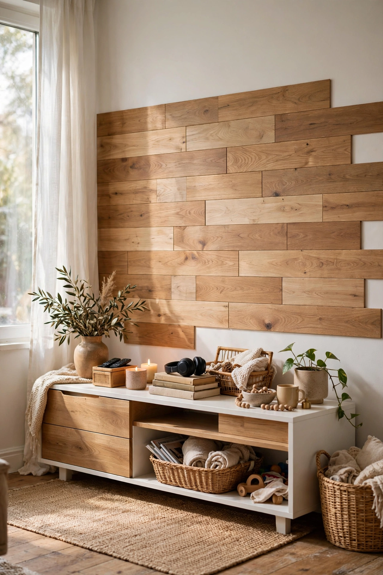 Wood-look peel and stick panels behind a media unit