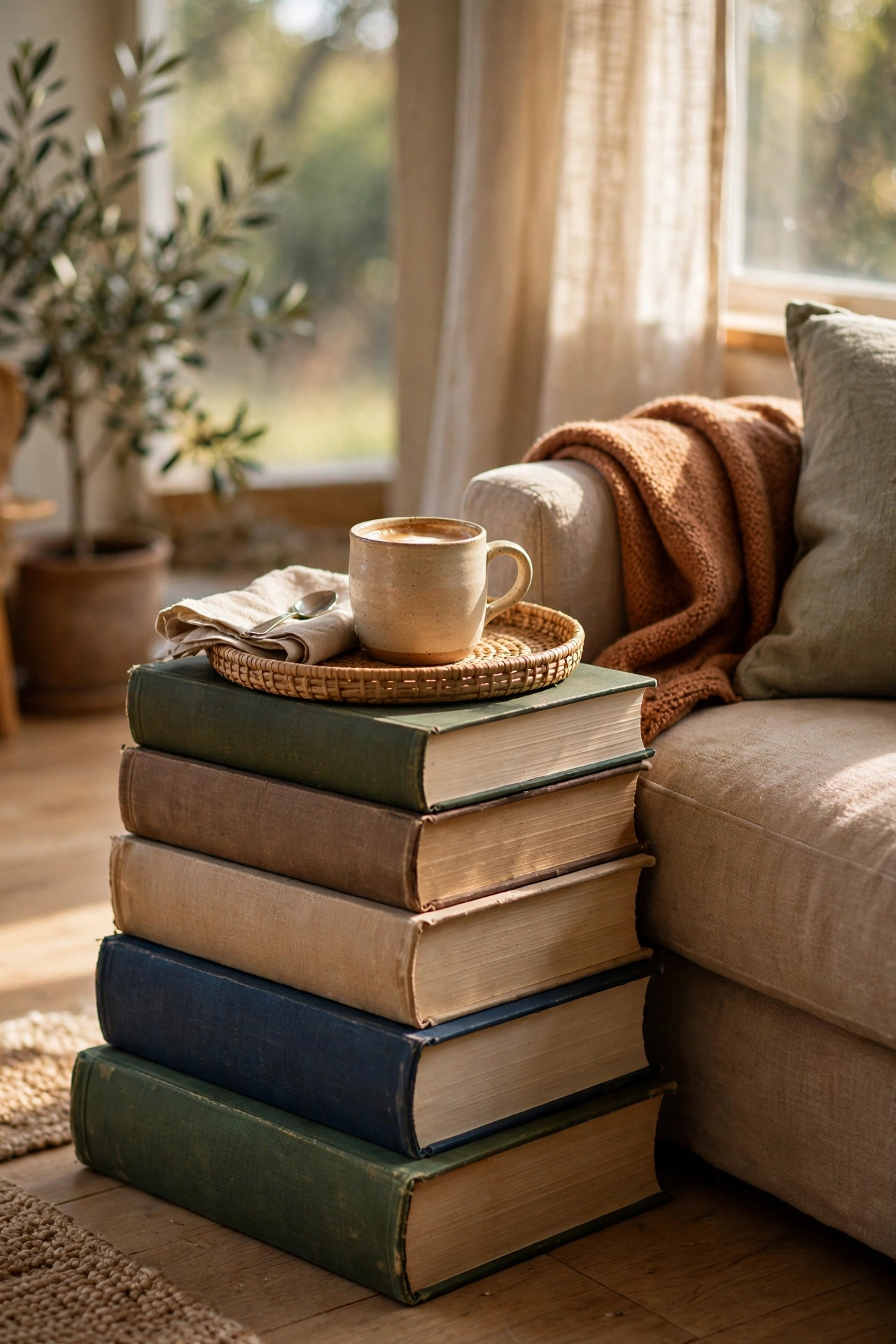 Stack of large hardback books used as a side table