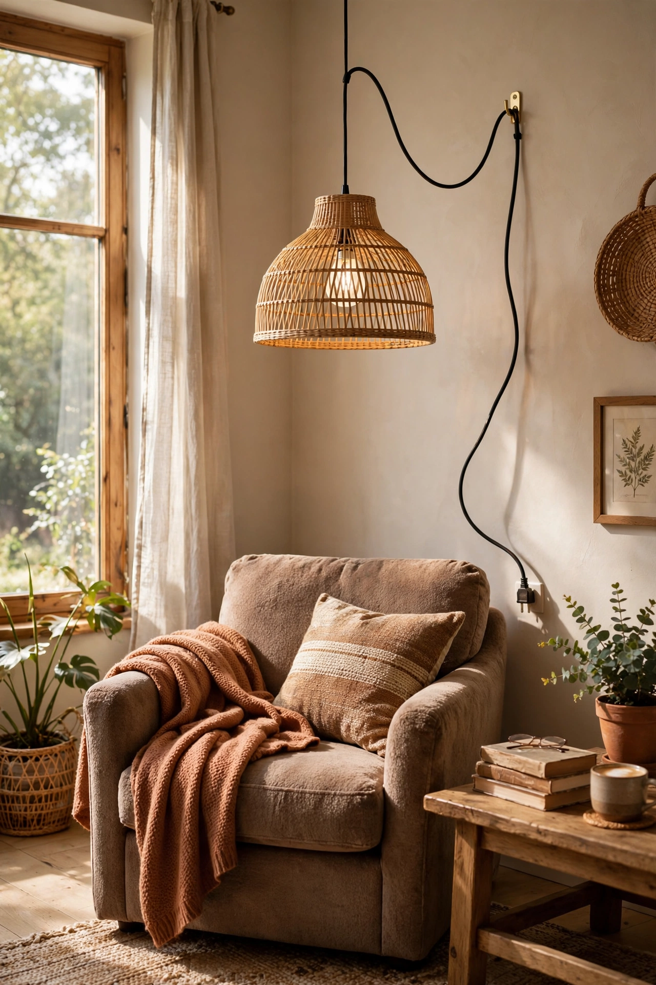 Plug-in rattan pendant light hanging over a reading chair
