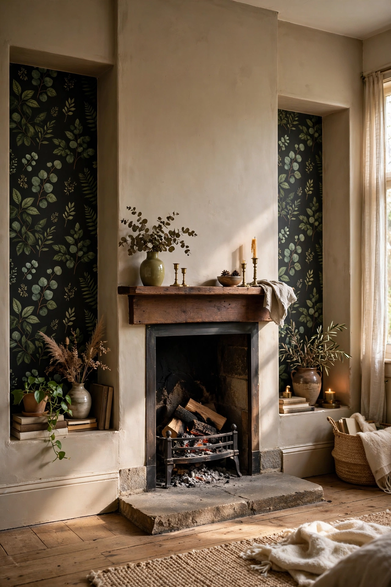 Dark botanical wallpaper inside chimney breast alcoves