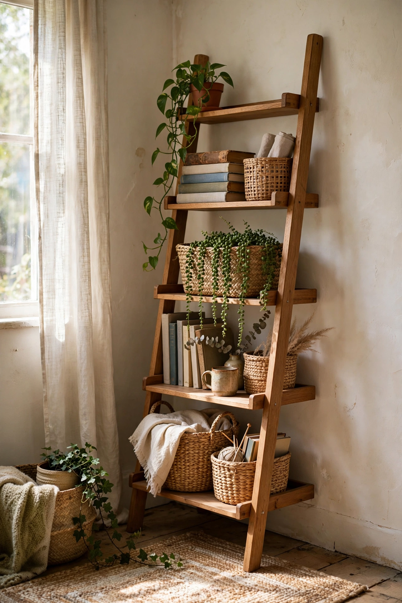 Ladder shelf leaned in a corner styled with plants and books