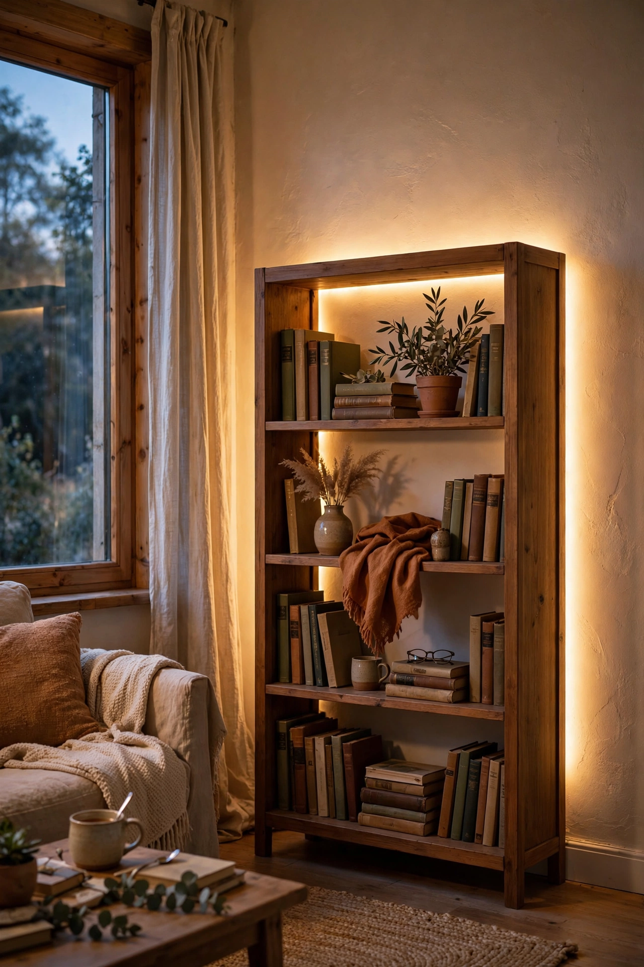 Warm LED strip glowing behind a wooden bookcase
