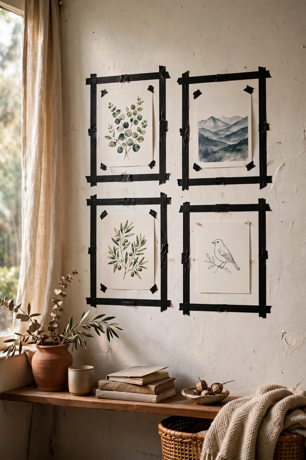 Black washi tape frames with prints on a home office wall