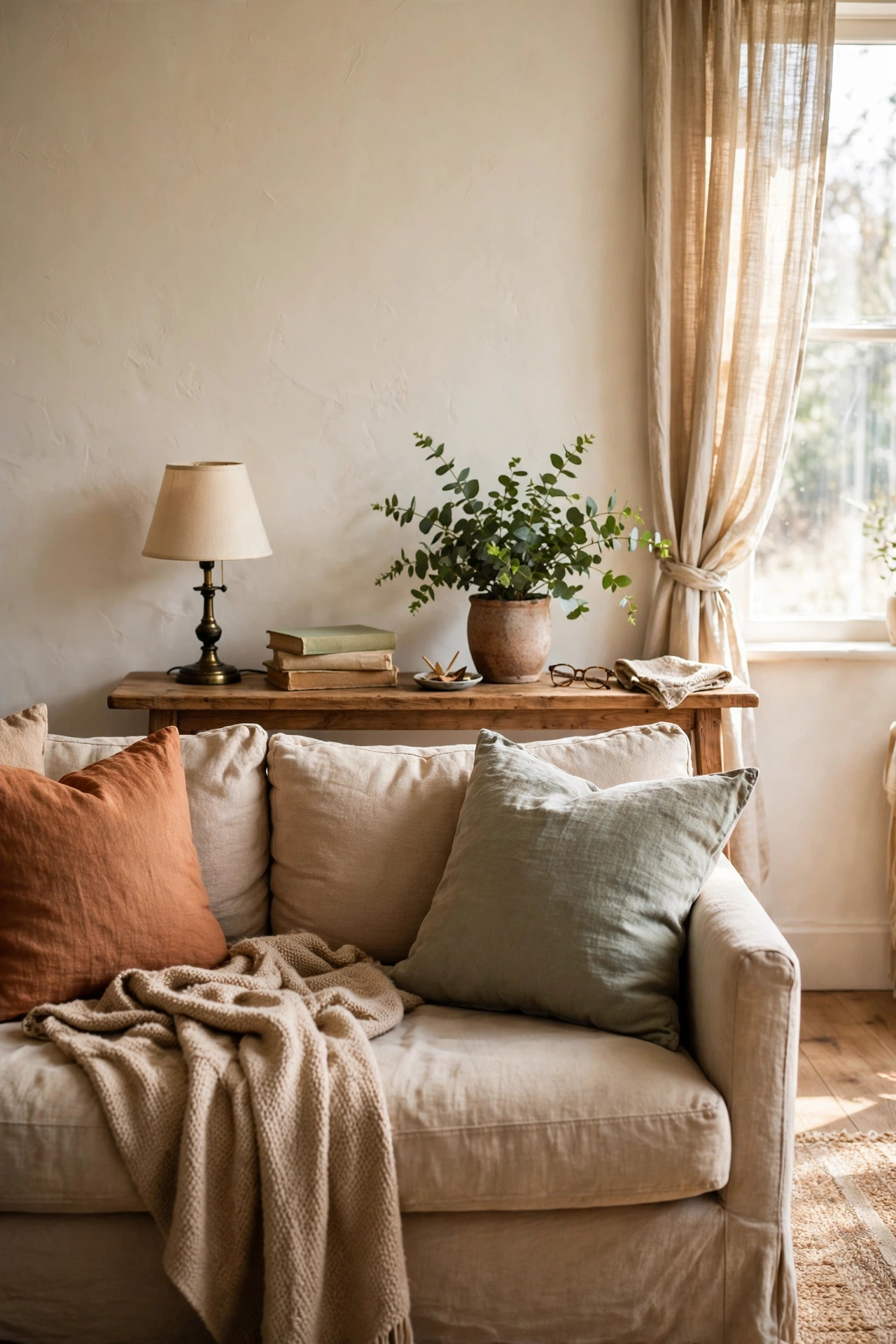 Narrow console table styled behind a sofa