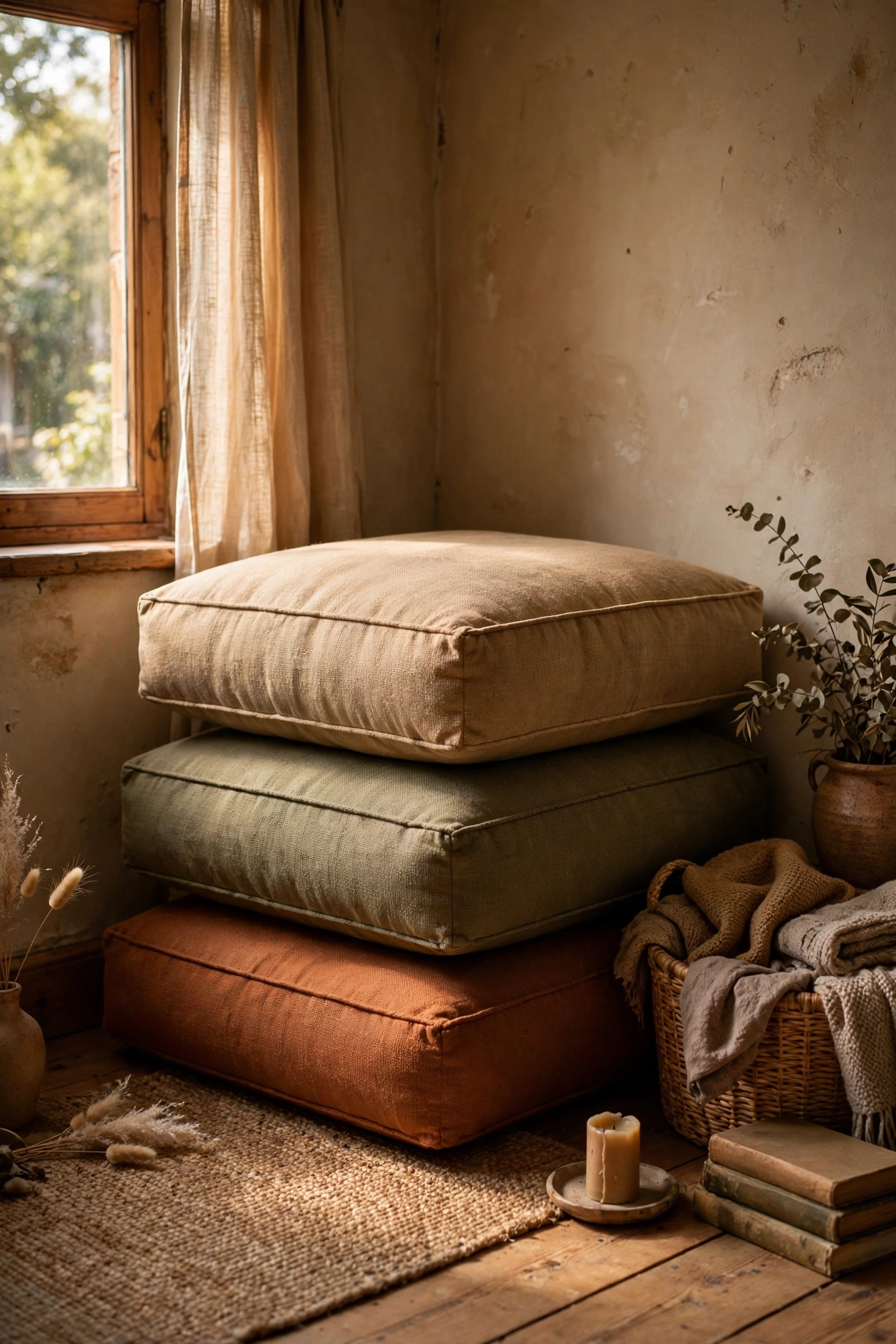 Stack of cotton floor cushions in a living room corner