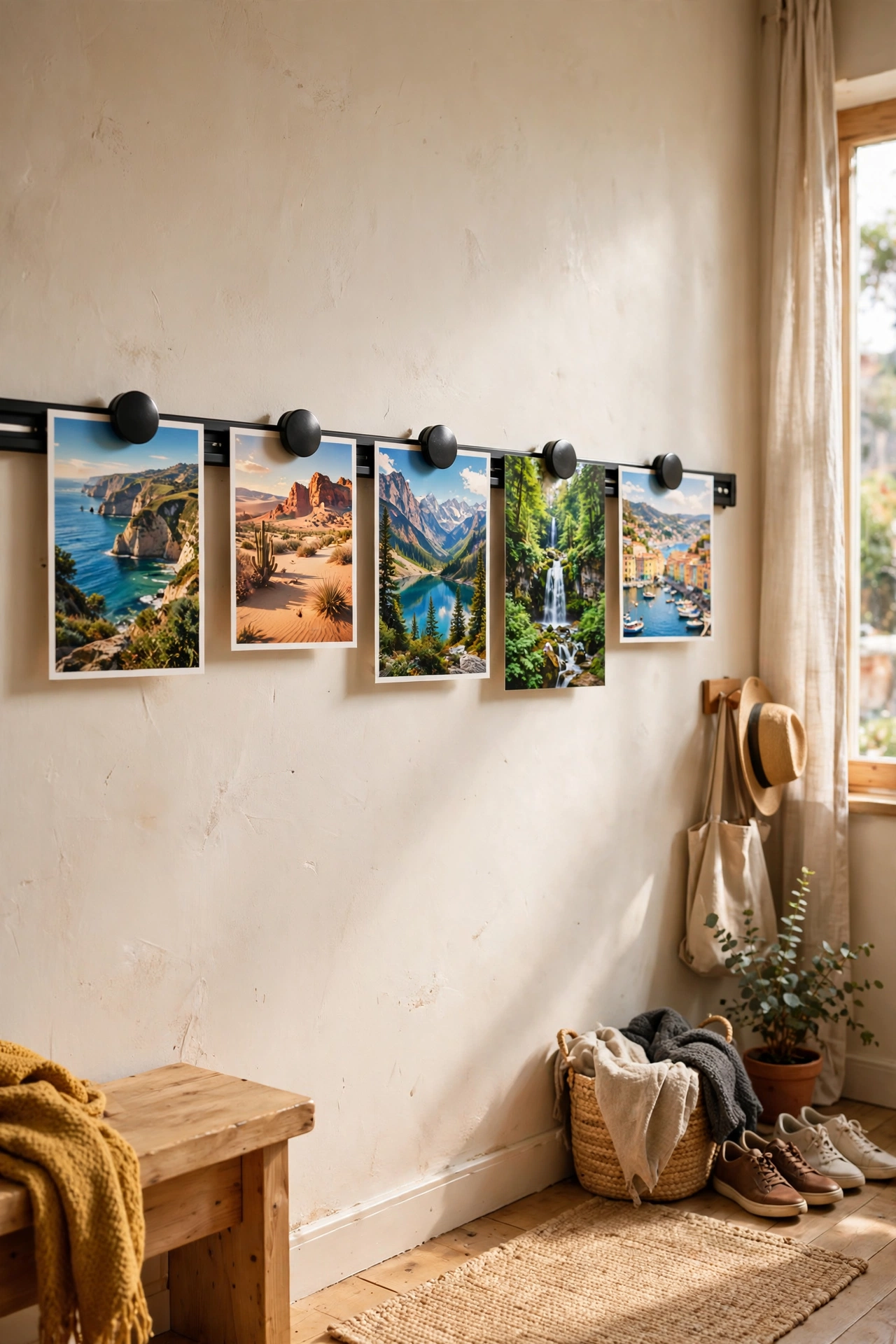 Magnetic strip displaying travel postcards on a hallway wall